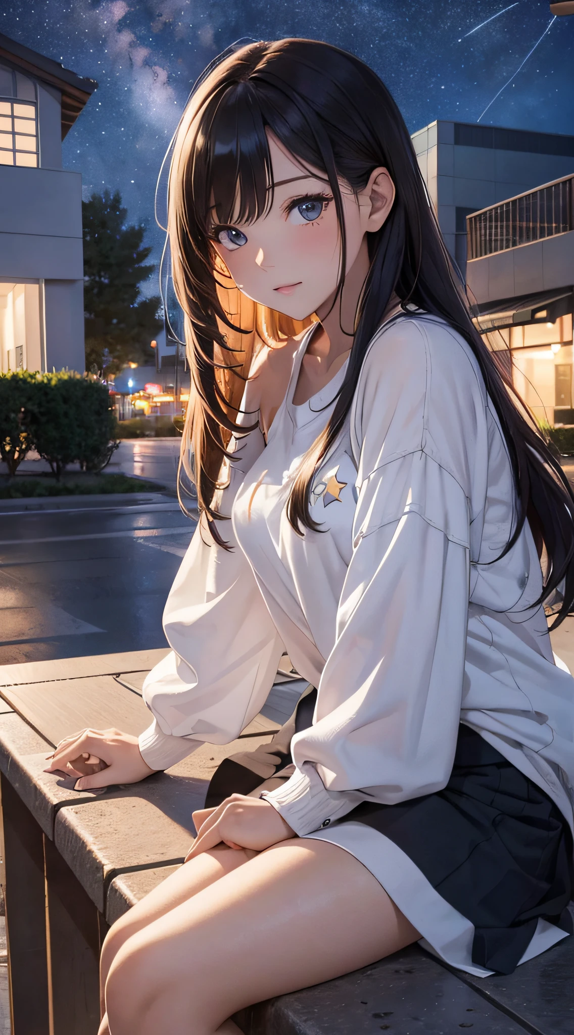 octans, skyporn, Star (skyporn), Scenery, Starry sky, Night, 1girl in, nigh sky, Solo, Outdoors, building, cloud, Milky way, Sitting, tree, Long hair, city, Cityscape, Best Quality, 8K
