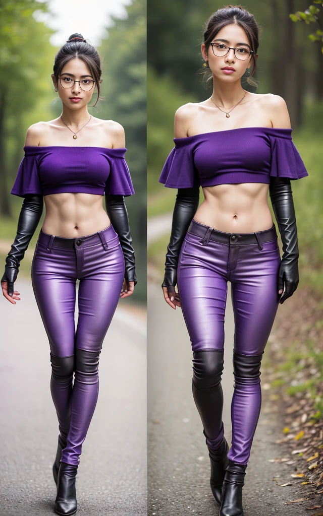 (8K, Masterpiece, RAW photo, Best quality, detail:1.3), (ultra realistic:1.4, scenary, 8K), Depth of field, Cinematic light, (ultra realistic face), (1 solo ultra skinny girl:1.7), (Beautiful and elegant girl), (tight skinny pants:1.6), (girl with glasses), (latina face:1.5), (natural abs), (full body:1.5), (off-shoulder tight minitop:1.4), (small necklace, collarbone:1.1), (ultra detailed skin:1.3), (tight small gloves:1.2), (leather purple skinny pants:1.6), (complete standing pose:1.2), (purple skinny pants:1.6), (ultra realistic skin:1.5)