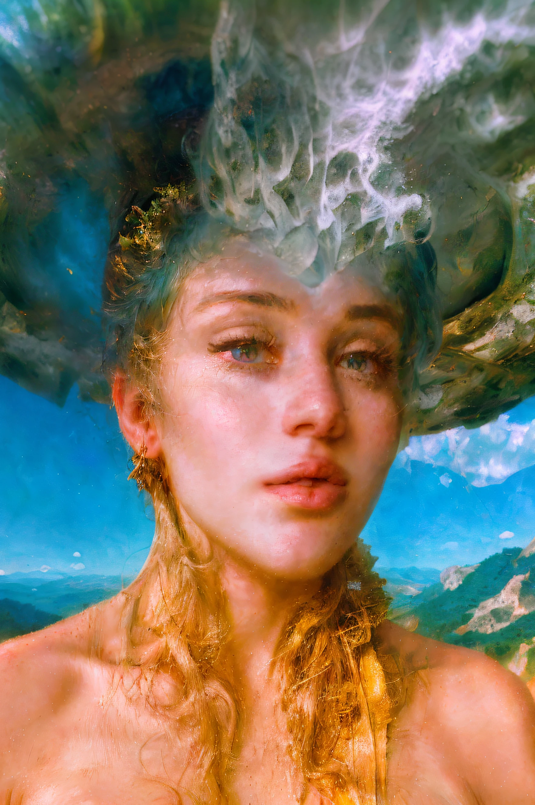 need)), ((tmasterpiece)), (Detailed pubic hair), Close-up portrait of a transparent girl&#39;s body composed of mountains, forests and grasslands,Sky rainbow background，Detailed rainbow,blue-sky，（double contact：1.3），photography：Brandon Woelfelmist，Surreal dreams，Surrealism art fantasy style，Epic digital fantasy art style