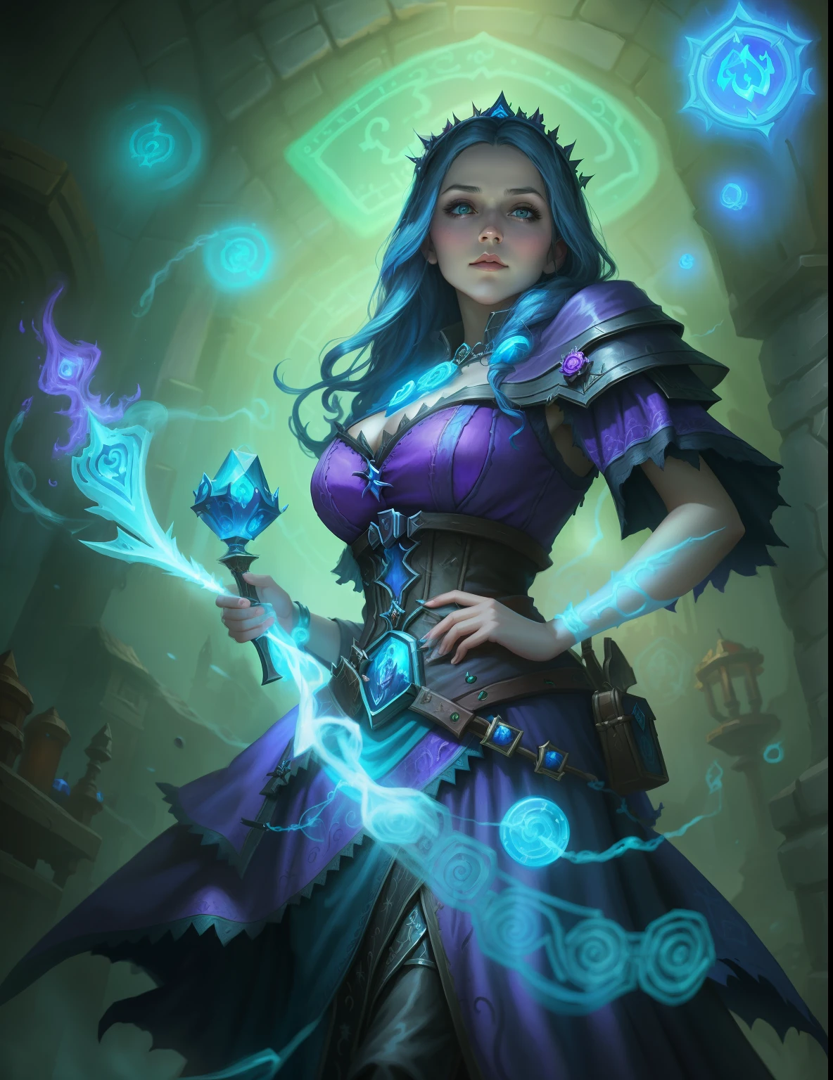 Woman in purple dress holding blue light, necromancer sorceress, Female mage casting spell, Hearthstone Card Art, Hearthstone card art, Drawn in mysterious style, Fantasy Hearthstone art style, hag, hearthstone art, Hearthstone card game artwork. ”, Hearthstone card game artwork, From Hearthstone, Astrie Lohne