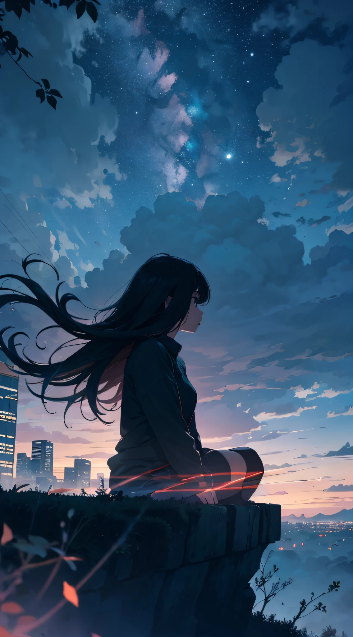octans, sky, star (sky), scenery, starry sky, night, 1girl, night sky, solo, outdoors, building, cloud, milky way, sitting, tree, long hair, city, silhouette, cityscape