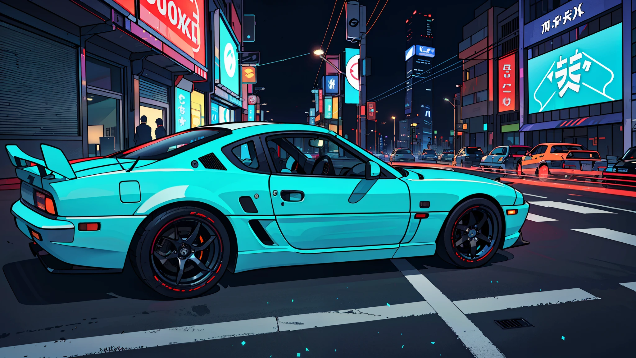 Car,Mazda RX7,night,Tokyo,early 2000s,(best quality,4k,8k,highres,masterpiece:1.2),ultra-detailed,(realistic,photorealistic,photo-realistic:1.37),Perfect Anime Illustration,vibrant colors,neon lights,shadows,dynamic atmosphere,authentic details,crisp lines,sleek design,detailed headlights,reflective surfaces,moody skyline,glowing taillights,fast-moving,street racing,crowded city streets,metropolitan backdrop,urban energy,nostalgic feel,aesthetic ,stylish,futuristic,high-tech,iconic sports car,smooth curves,aggressive stance,unique body kit,custom paint job,Japanese culture,anime-inspired,cool vibe