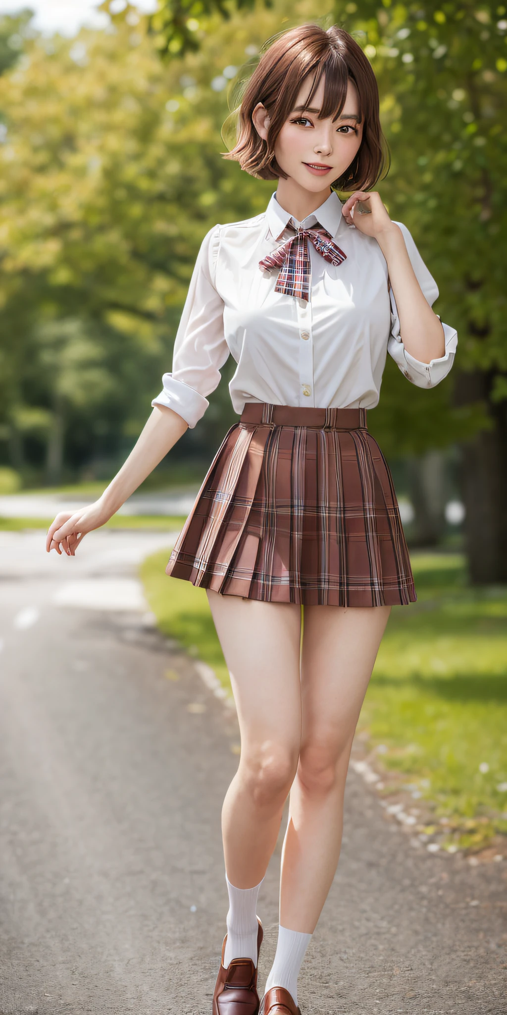 (((professional: Step by step, taking into account even the smallest detail, God-level final result))):, full body, nsfw, 8K RAW photo, , random view, best quality, masterpiece, ultra-high-resolution, movie grain, filmg, solo 1girl, looking at viewer, natural skin texture, realistic details of eyes and face, lipstick, short fluffy hair, messy hair, smile, closed mouth, beautiful legs, tall woman, skinny, slim_legs, alone, huge chest, cleavage , (pose with buttocks in front of you), ((ultra short skirt)), shirt, beautiful nature location, around flower location, (detailed background), plaid skirt, white shirt, huge chest, cleavage, Show a small cleavage through the shirt, loafers, blurred background, blurred, holding, plaid, short sleeves, jk ribbon on the neck, jk ribbon, brown-hair, bracelet, water, bangs, school uniform, jewelry, parted lips, lips, from the side, pleated miniskirt, depth of field, rear side solar lighting, canon eos 50mm camera