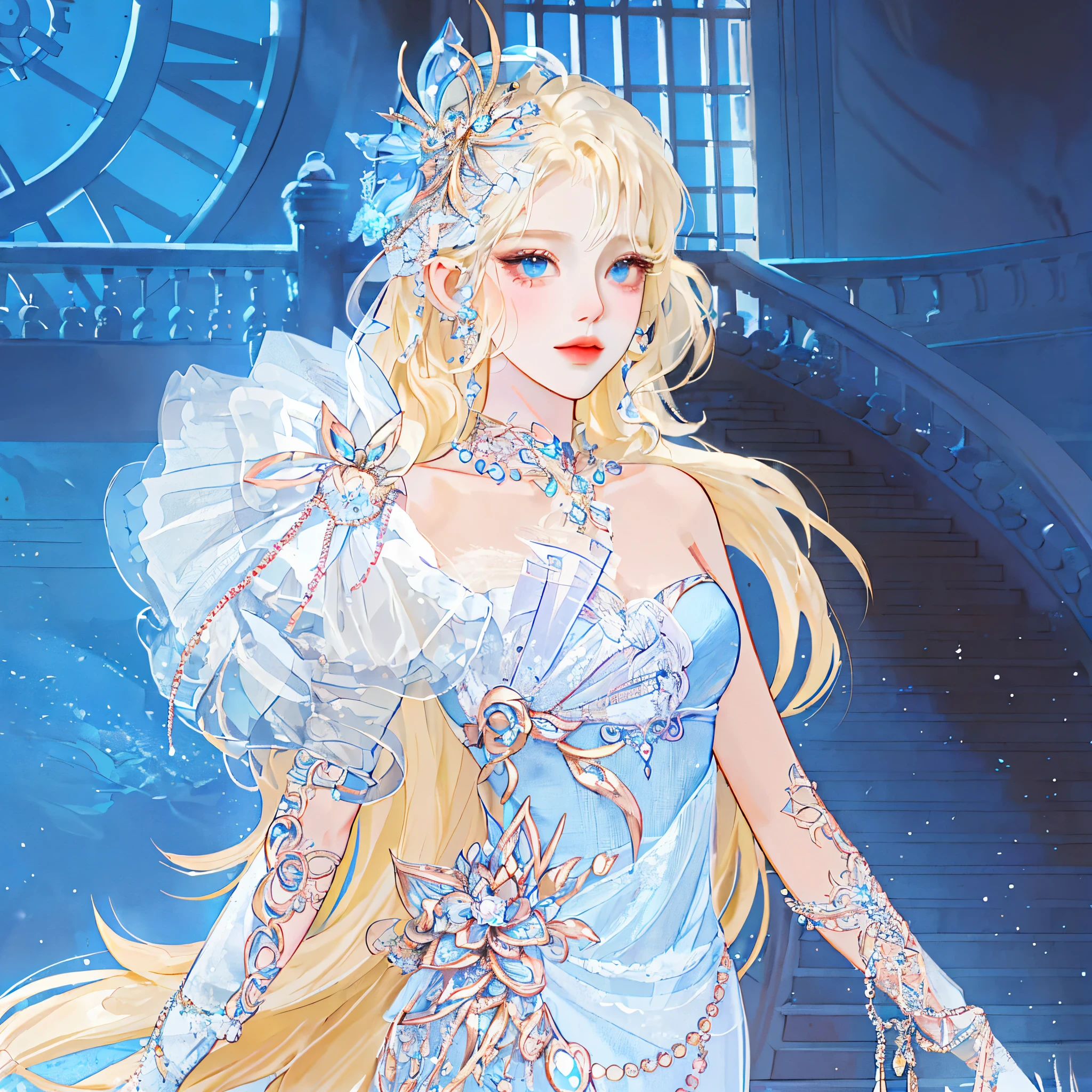 wearing blue dress、Blonde girl with clock on background, ((beautiful fantasy empress)), Winter queen, beautiful fantasy empress, Snow Queen, winter princess, Beautiful celestial mage, blond-haired princess, goddess of winter, beautiful elsa, ice princess, dreamy dress, beautiful and elegant elf queen, Ethereal fantasy, fantasy art style, Princess of Light