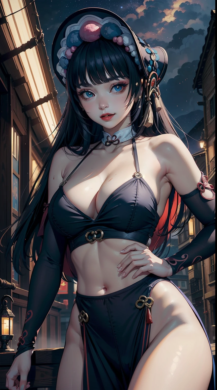((masterpiece)),(bestquality),((ultra-detailed)), ((beautiful detailed sky)), ((cinematic lighting)), depth of field, (dynamic angle),detailed lighting,((beautiful detailed eyes)), (night sky view), red lip, smile,eyeshadow,large breast, cleavage, ((bare arm)), ((bare hips)) , ((off shoulders, sexy)), ((yunjindef))