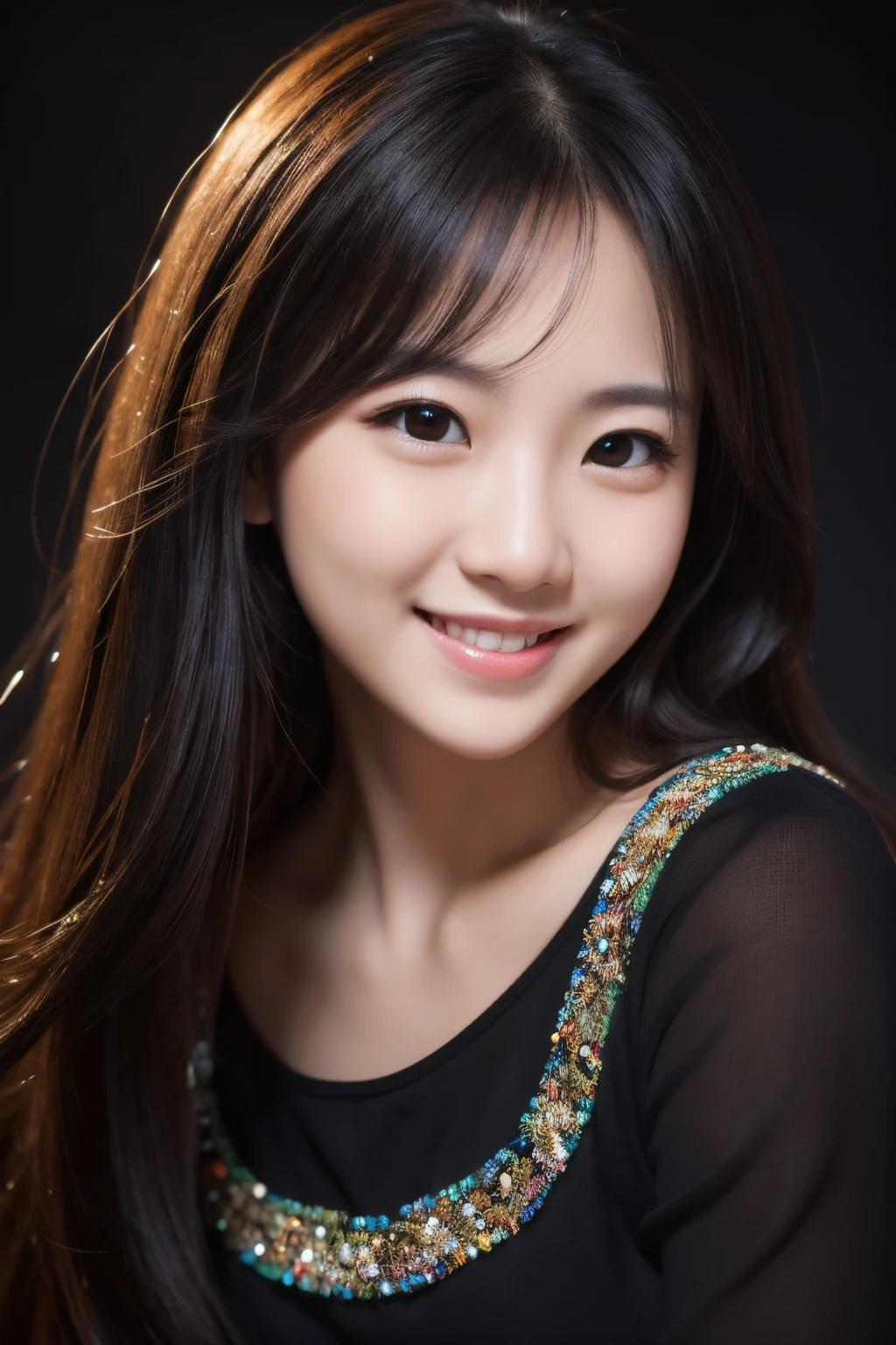 Portrait photo of a smiling young woman, Black background, masterpiece, best quality, super detail