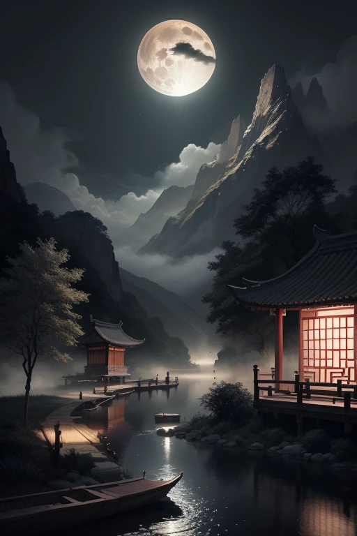 masterpiece,best quality,Chinese martial arts style,an asian night scene with lanterns and water lilies,asian pond with many lanterns and boatsa night scene with many lights and boats in the water, Lake surface, lotus flowers,beautiful night scene,(((Chinese martial arts style))), with vast sky, continuous mountains and steep cliffs, ink wash style, outline light, atmospheric atmosphere, depth of field, mist rising, bamboo, pine trees, octagonal stone pavilion, waterfall flowing water,big full moon,(No color) , Monochrome, light color,