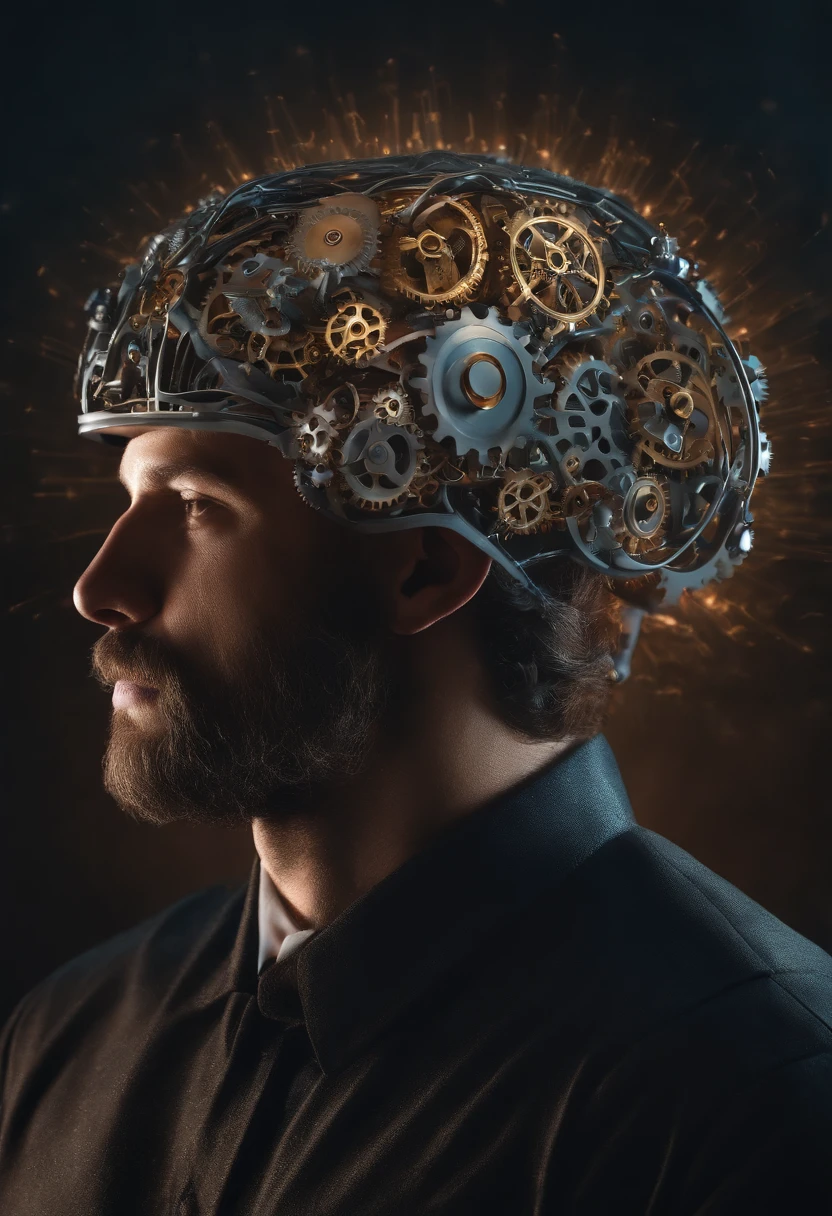 Human brain reprogrammed with gears to grow beard on male head ,in a confusing and mysterious environment，Light connects the brain to the universe