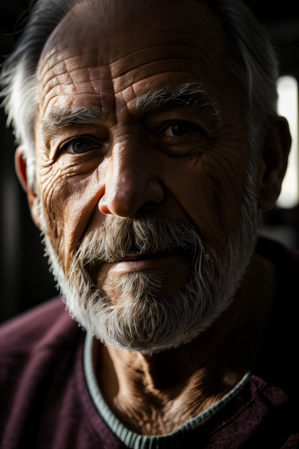 (masterpiece, photorealistic, raw,:1.4), (extremely intricate:1.2), close up, cinematic light, sidelighting, ultra high res, best shadow, RAW, upper body, old man, wearing pullover,