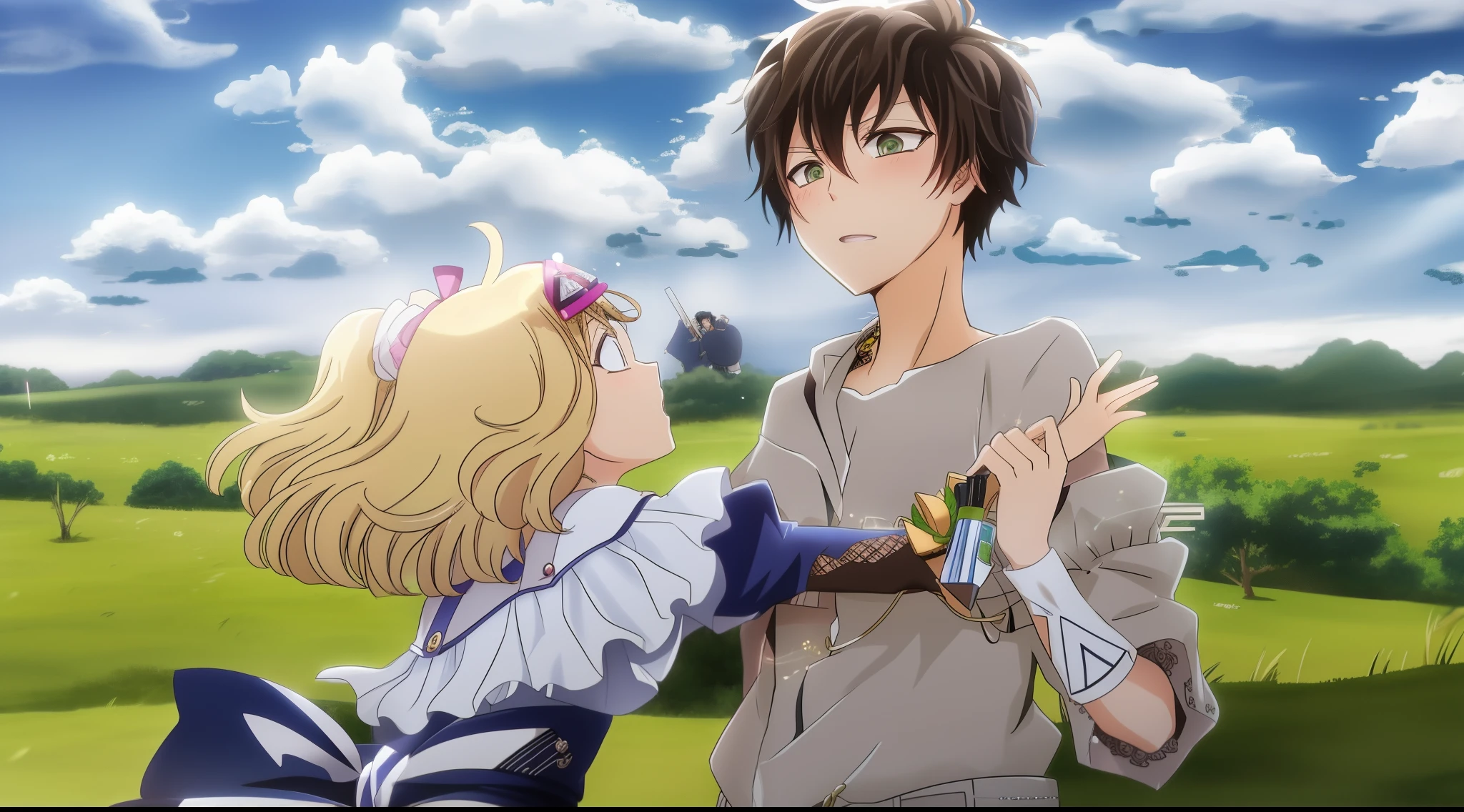 Anime characters in a field with a sky background, em jojo\A Aventura Bizarra, Anime estilo jojo, gyro zeppeli, Jojo's Bizzare Aventura!!!!, inspirado em Okumura Masanobu, Jojo's Bizzare Aventura!!, em ryuuou no oshigoto estilo de arte, Jojo's Bizzare Aventura
