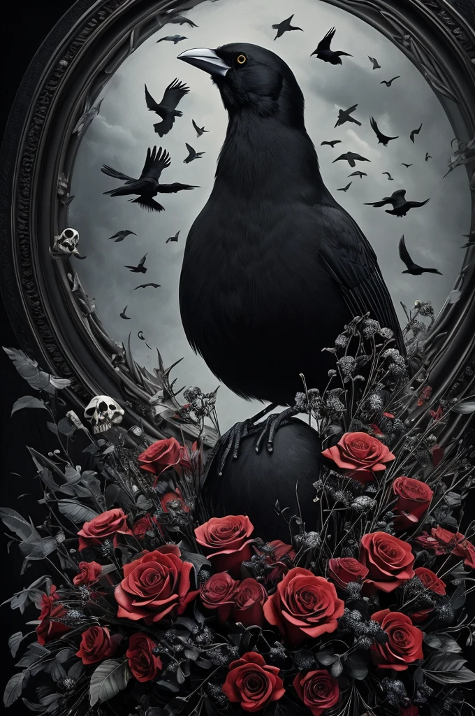 Painting of a black bird sitting in a vase with flowers and a skull, crows as a symbol of death, arte escura altamente detalhada, detailed 3d gothic oil painting, gothic art, arte negra barroca, esao andrews : : ornado, gothic art style, Gothic painting, Arte Estilo Tom Bagshaw, gothic aesthetic, arte macabra, Directed by: Galen Dara