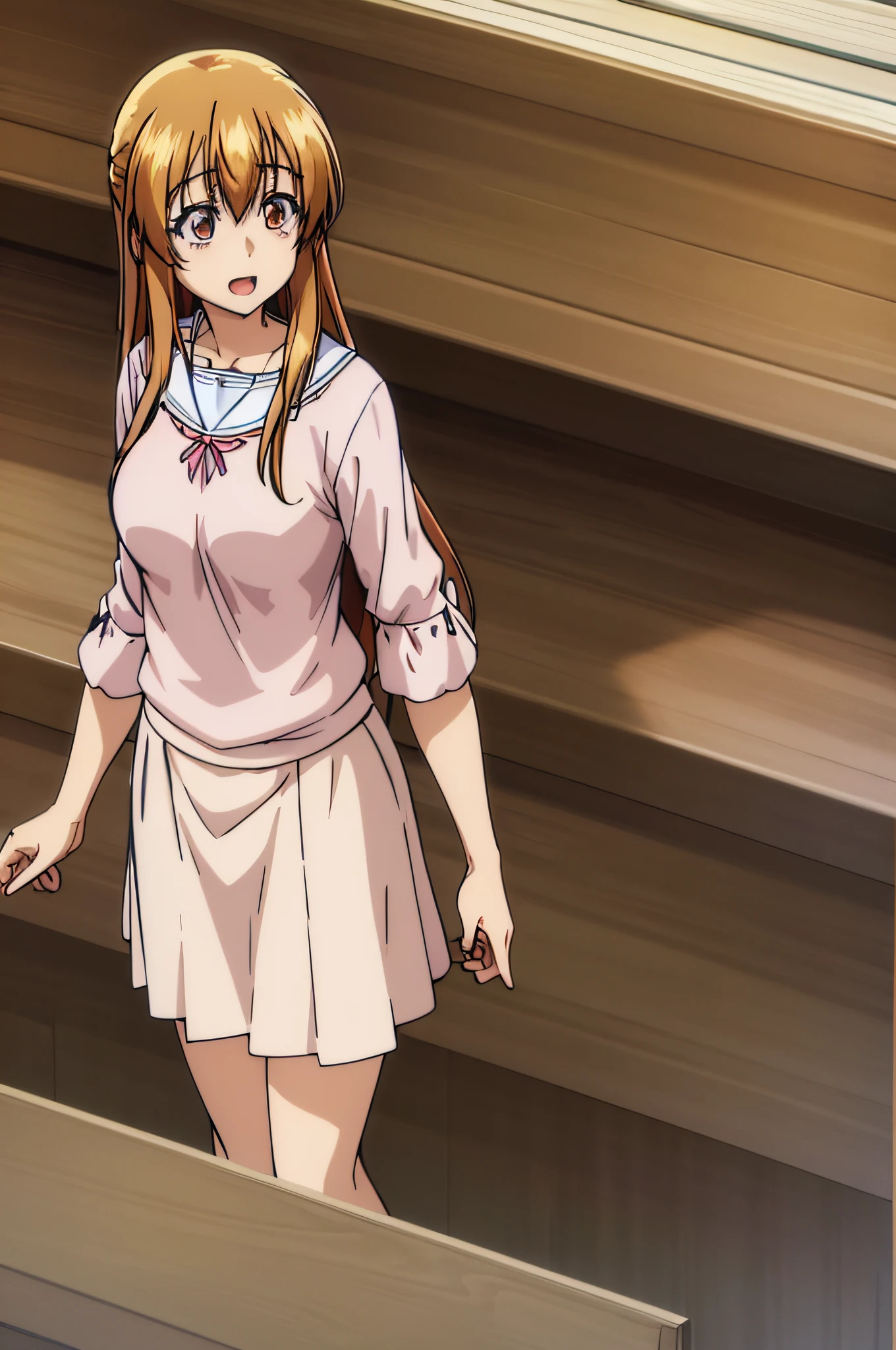 best quality, (masterpiece:1.2), highly detailed, 1girl, kotegawa nanaka, looking at viewer, slight smile, open mouth, brown eyes, brown hair, long hair, black shirt, elbow sleeves, pink skirt, miniskirt