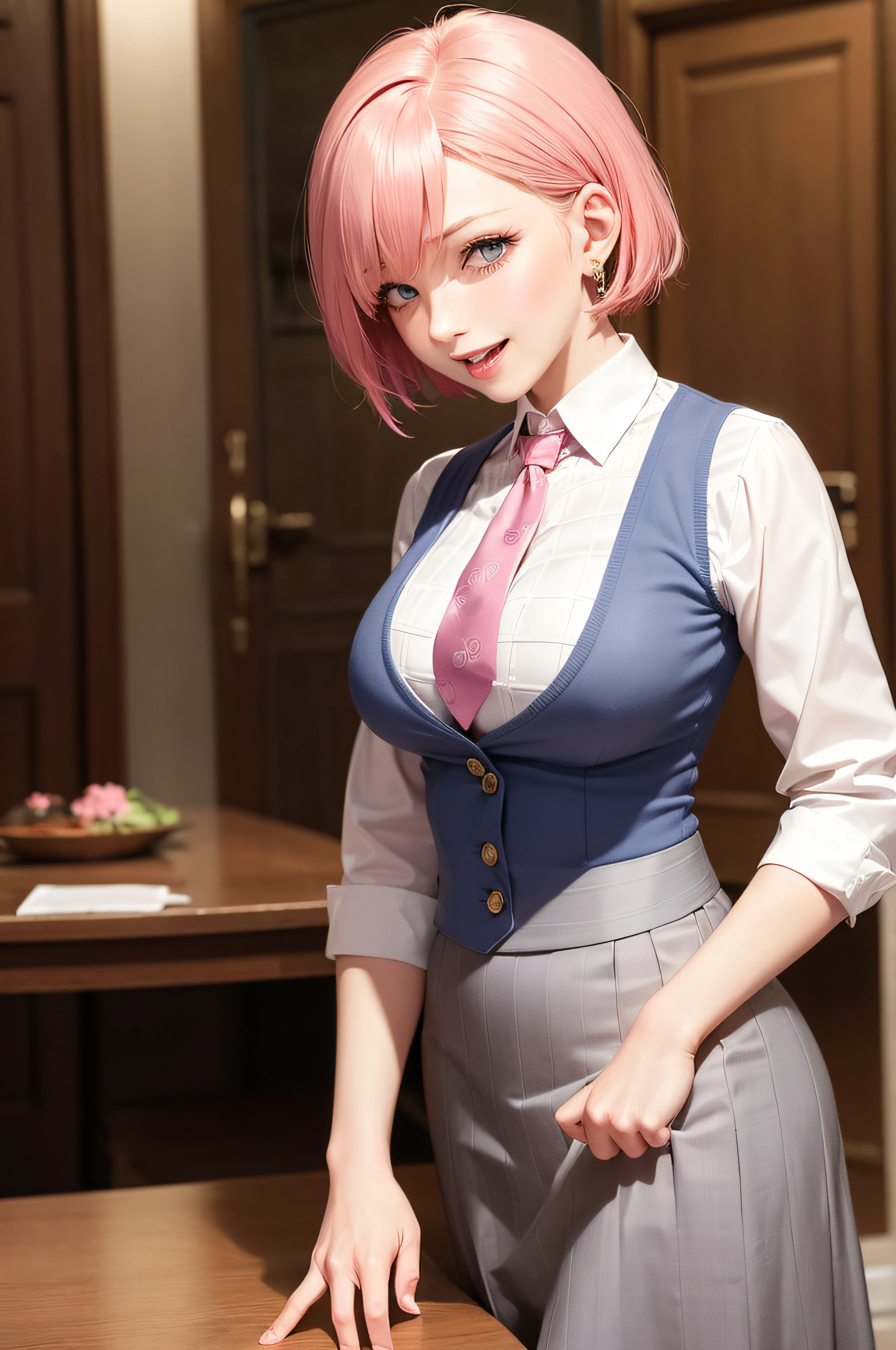 8k, high resolution, masterpiece, illustration, extreme details, adult, mature, pink short hair, blue eyes, large breast, blushing, laughing, happy, decent, modeling, business attire, necktie, earing, vest, polo, skirt, professional, formal,
