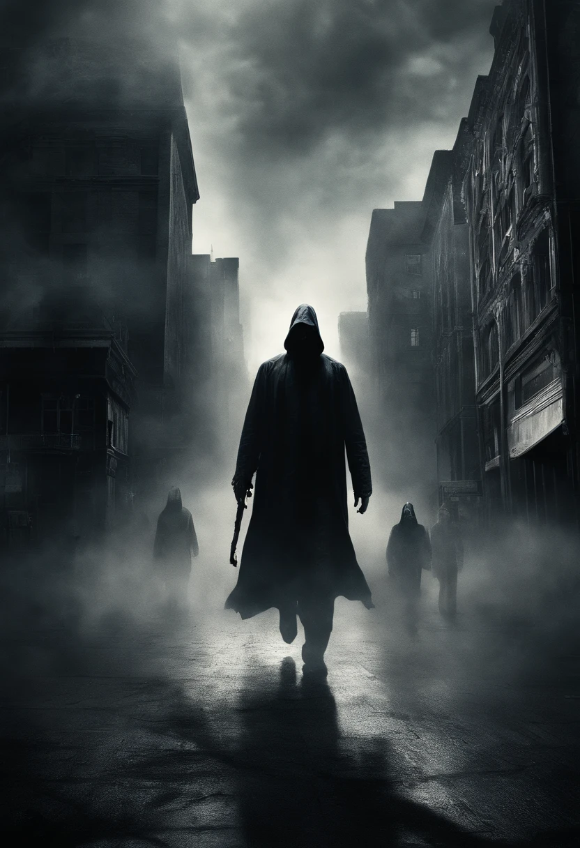 horror scene from a movie, many giant tall scary demonic figures semi transparent apparitions floating and flying, smoke on the floor, in city street, busy crowd running away