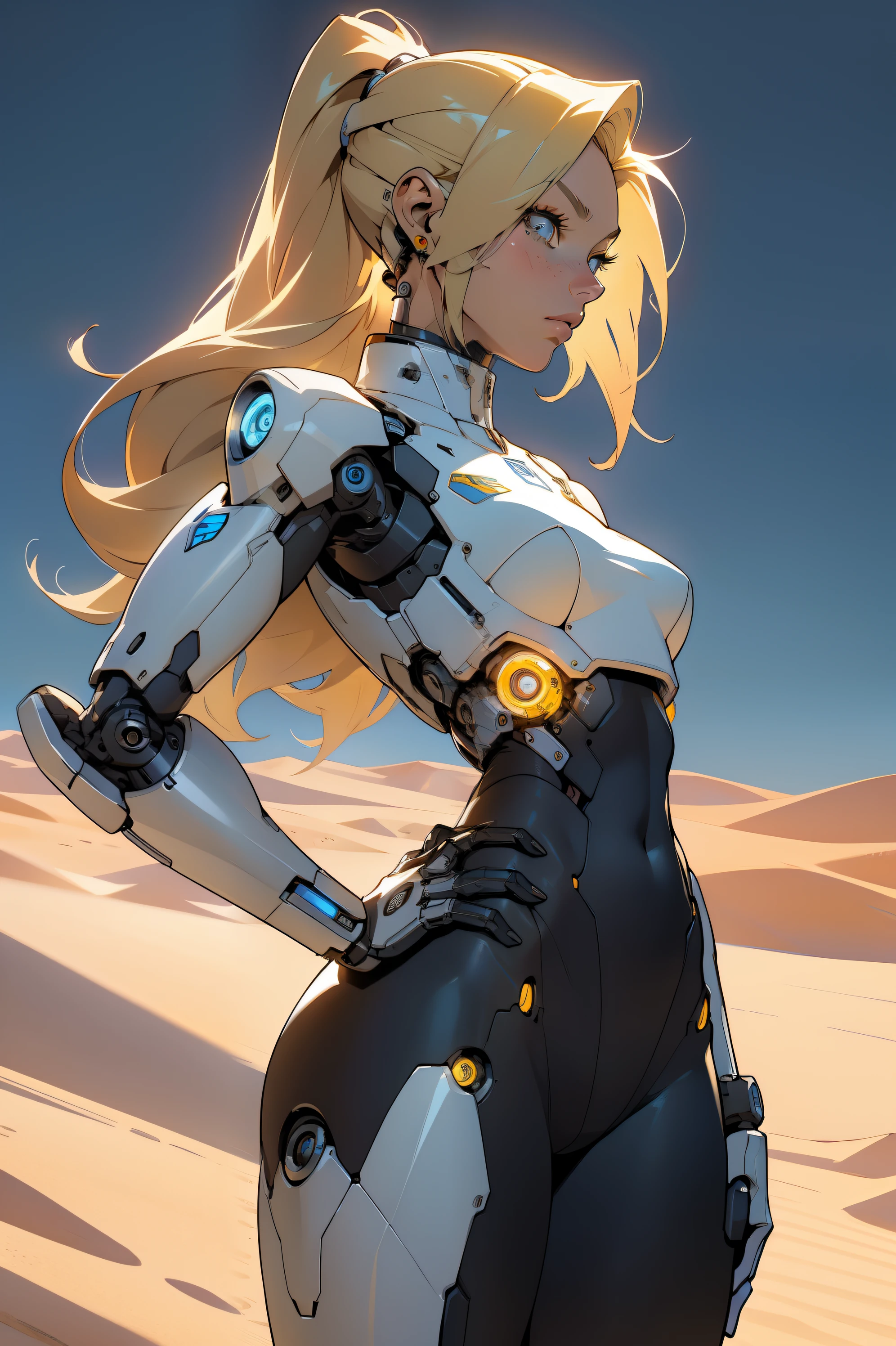 high quality, 4k, masterpiece, beautiful, cyborg girl, cowboy shot, clear eyes, side view, turning around to look at viewer, long blonde hair, girl, small breasts, fit thigh, robotic arms, robotic body, cyborg body, yellow accent, redaccent, intricate detail, joint, detailed lines, robotic detail, 1hand on hip, hips cocked, color robotic parts, robotic parts with color, perfect fingers, on a desert planet, sunny background, colorful desert,