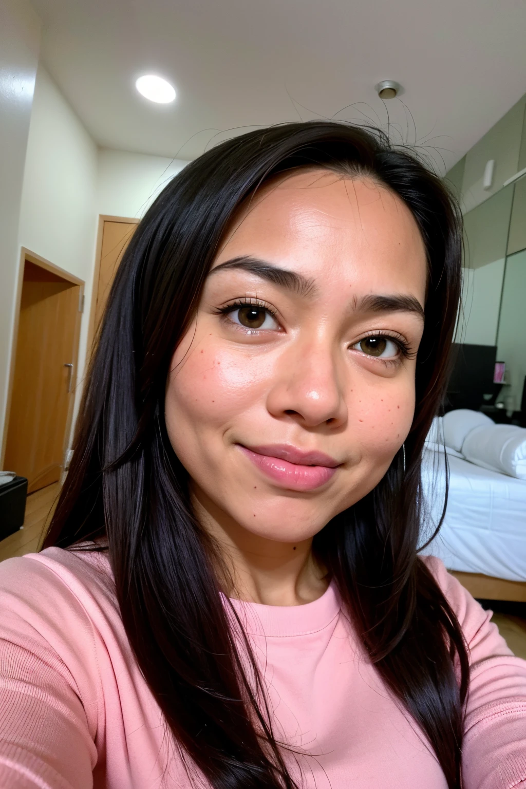 1 girl ,((( black pink long hair))), smile, medium portrait shot , watery  eyes ,  (( sexy bra )), white modern hotel bedroom background, bright front light, breast grab pose, ((big tits:1.5)) , ((excessive cum on full face:1.0)),  , ((( milf))) , ((detailed  tits on )), ((sleep on the bed) )