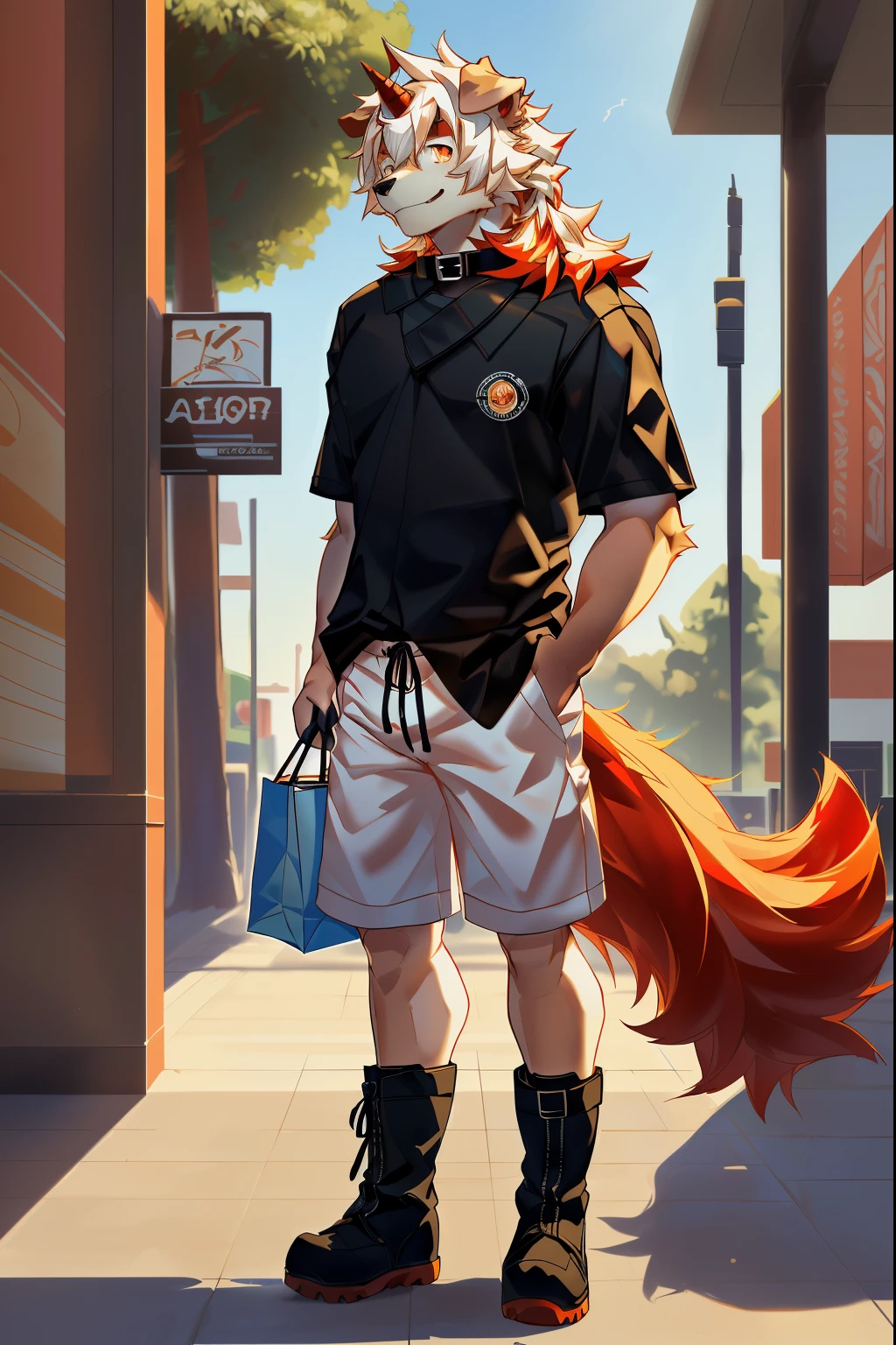 (stay in log, author:ghost of emptiness, by making friends, by honoway, by thebigslick, author:Feinhertz), male people, Alone, Domestic dogs, horn, shrug ears, paws with claws, ssmile,tmasterpiece, Best quality, offcial art, extremely detaild的 CG unified 8k wallpapers, ultra - detailed, Best Best Illustration, The best shadow, perfect litthing, Hooking (/arknight/), White fur, furry male, Dog boy, hairy pubic hair, Two-tone fur, 1 boy, colorfulhair, malefocus, horn, Striped hair, dog ears, Animal ears, single horn, Brown fur, through bangs, orange color hair, White hair, Medium hair, Orange pupils, Alone, Black pupils,ssmile,face flushed,the shy,sexy for,Casual T-shirt,Casual shorts,Bare calves,black black jacket,boots,In the shopping center,in a clothing store,with a collar around the neck,Dog leash,are standing,Lateral face,Lateral face,Alone,Tall and strong,Orange tail,furry tail,The hair is supple,panting,Gentle eyes,Mild,A slight smil,strong,The light is very gentle,coffee in hand,Hand-held shopping bags,tall,Mild