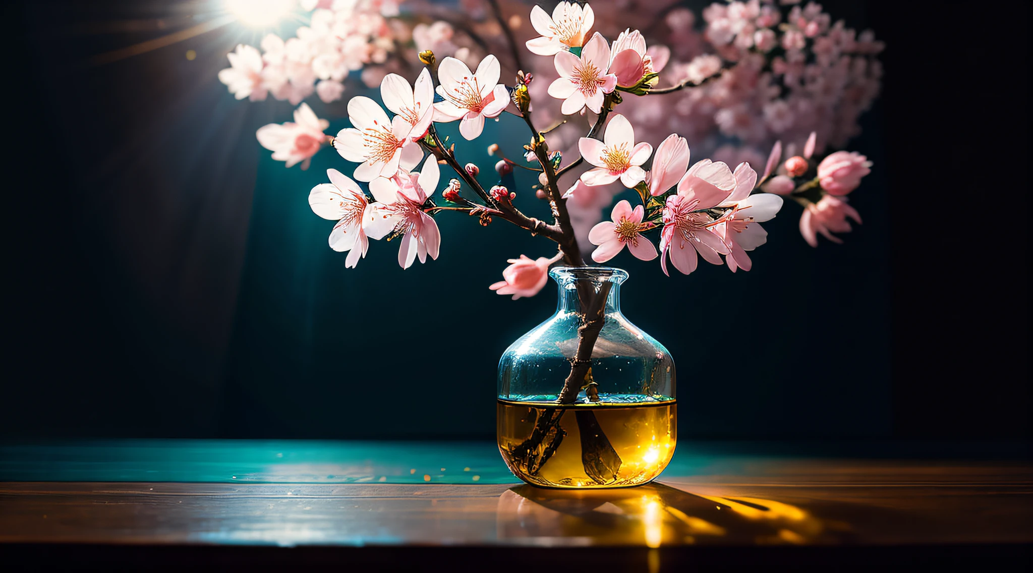 Cherry blossom tree in a bottle, Fluffy, actual, Atmospheric light refraction, author：Lee Jeffries Nikon D850 Film Stock Photo 4 Kodak Portra 400 Camera F1.6 shots rich colors hyper realistic textures dramatic lighting unreal engine popular on artstation cinestill 800, Style-Glass