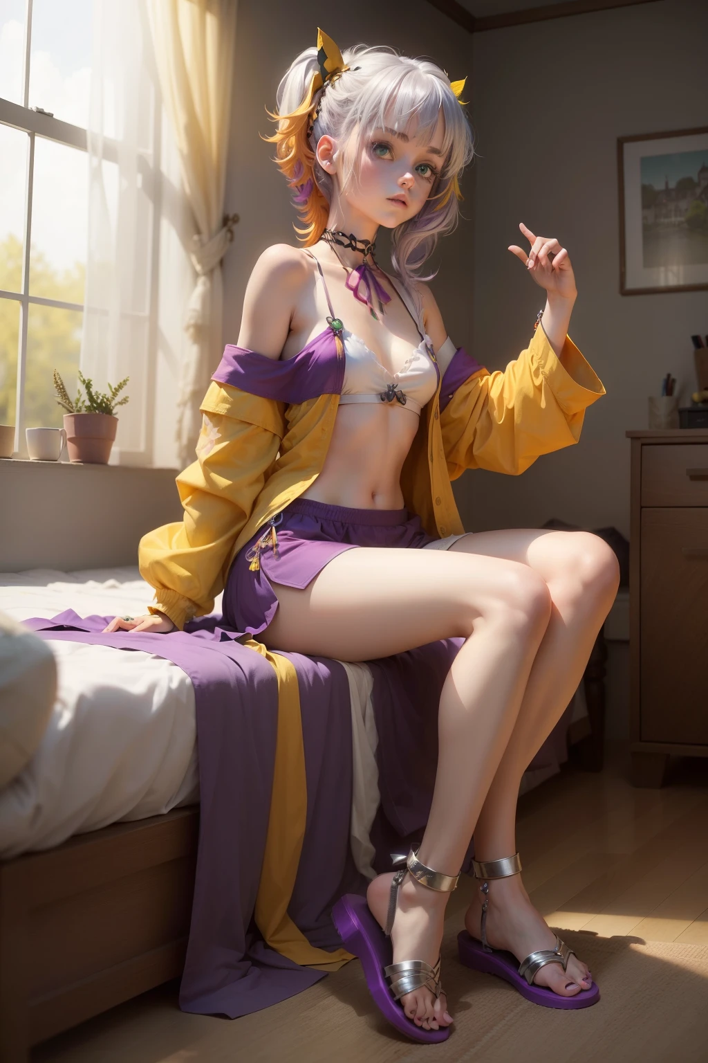 1.5),(1 girl),(Very small breasts),(Dynamic Pose),(multicolored hair+Silver hair:1.3+Red hair:1.2+Purple hair+Yellow hair:1.3+Green hair:1.3),(Blue eyes),(Neck ribbon),(floating),(cloud),(Random awkward poses),(Twilight),(watercolor paiting),(Wide Shot),(Accurate Hand Modeling),anklets,sandal,Relax in your room