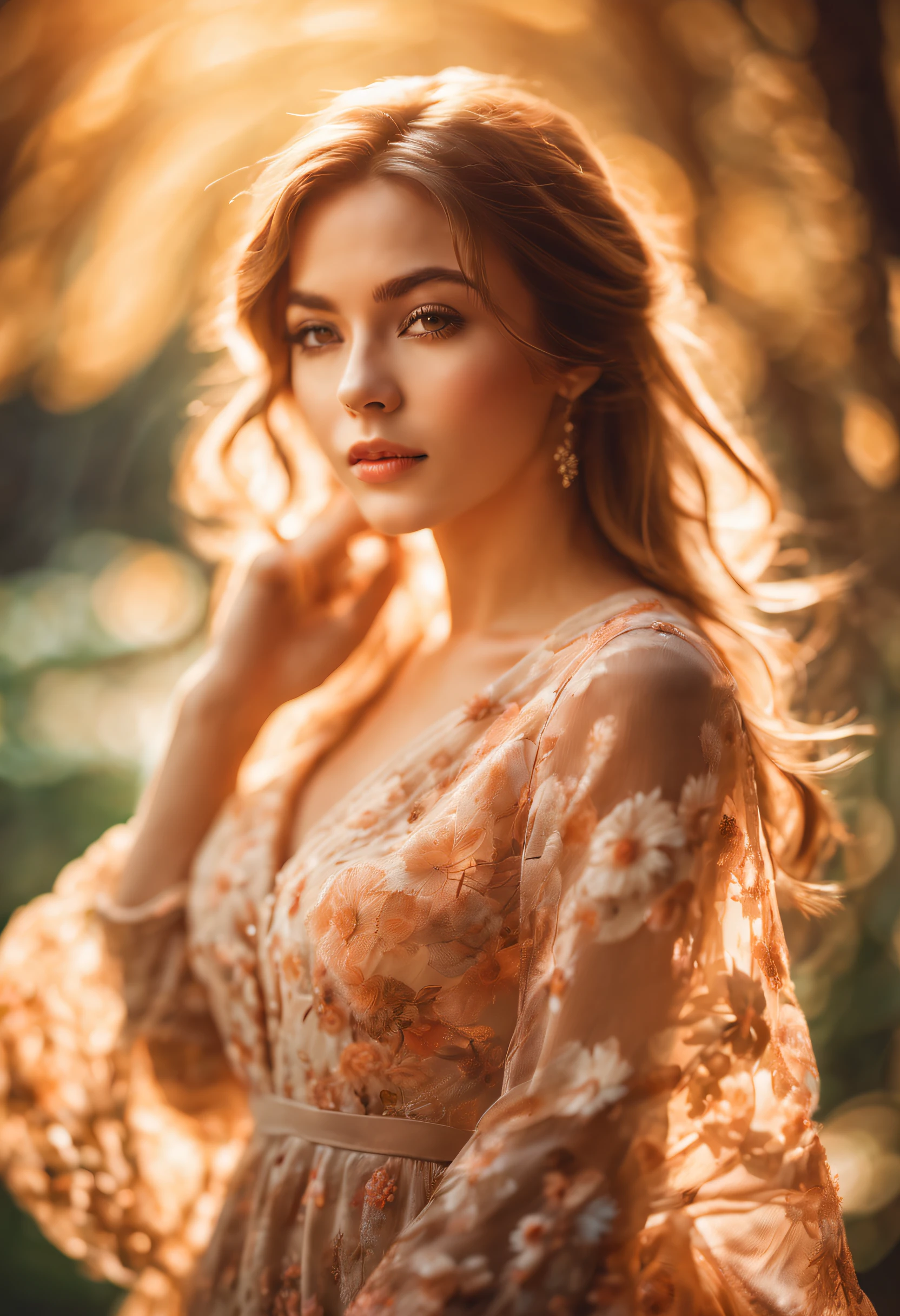 a girl with double exposure effect,beautiful detailed eyes,beautiful detailed lips,soft and dreamy atmosphere,artistic,blurred background,masterpiece:1.2,ultra-detailed,bokeh,warm color tones,soft and gentle lighting,lush garden,flowers in the foreground,shafts of sunlight filtering through the trees,elegant and flowing dress,feminine posture,peaceful and serene expression,captivating view