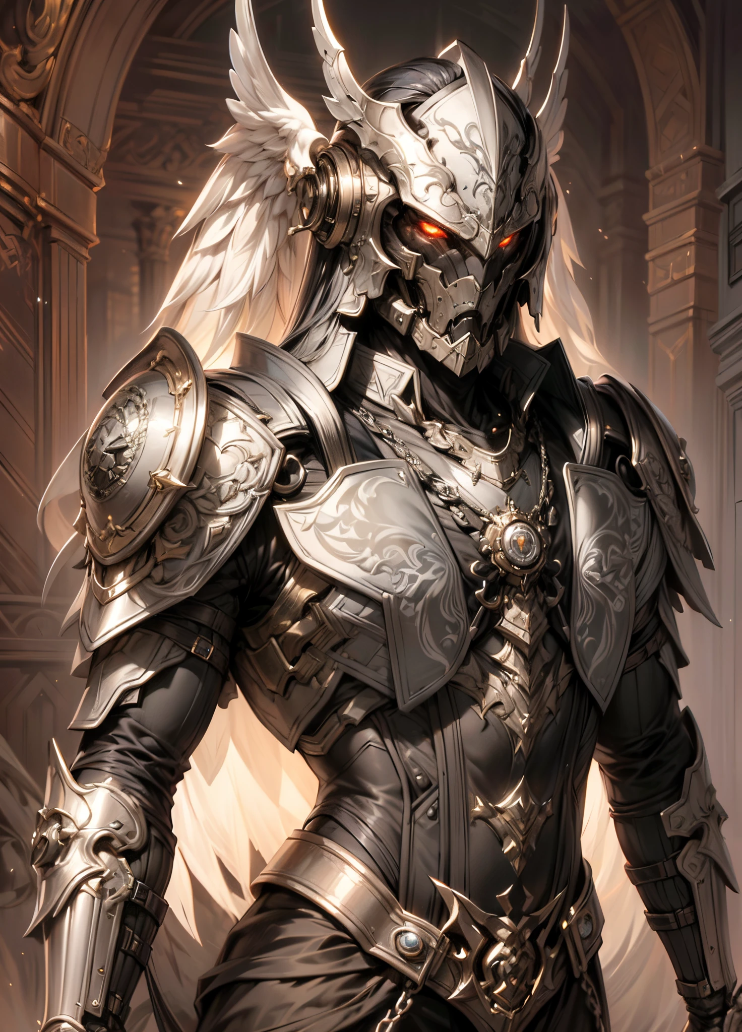 An epic and visually stunning digital artwork featuring a masculine male cyborg with an elegant full helm with facial features hidden, bearing a flat masculine chest and a sleek androgynous physique. The character is adorned in a heavy dieselpunk style with a heavy metal aesthetic, wearing eyeshadow for added intrigue. The image showcases the beauty and elegance of the character, who is wearing mechanical armor plating. The character has bright piercing orange eyes that stand out against their pure white armor plating. The armor is gorgeously engraved and resembles an armored trench coat, with mechanical muscled arms adding to their unique appearance.