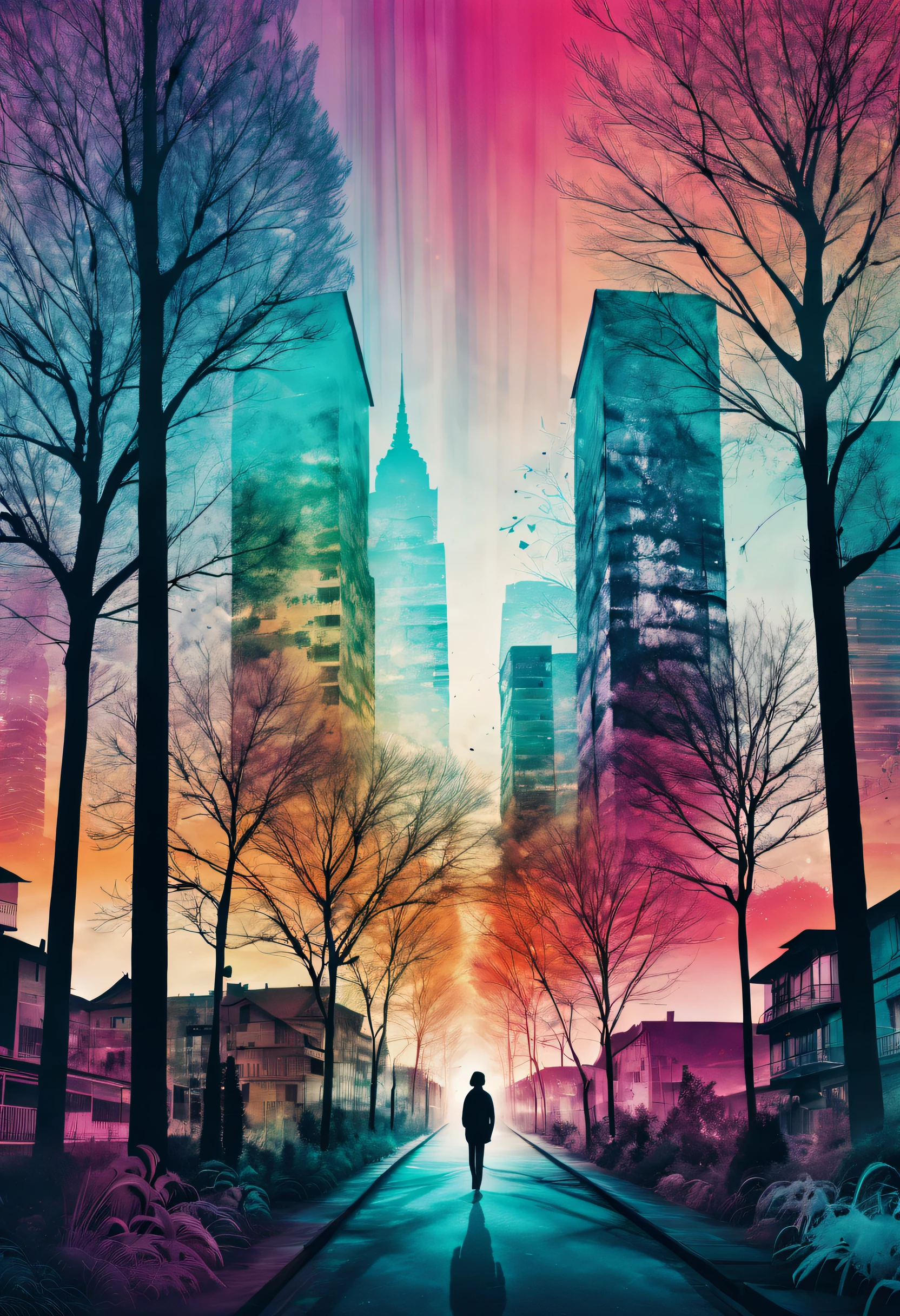 best quality,highres,ultra-detailed,realistic,double exposure,mixed media,contrast,blend,transparency,dreamy atmosphere,vibrant colors,detailed outlines,cityscape,nature elements,urban silhouette,trees and buildings,hybrid,urban and natural,seamless blending,abstract,ethereal,empowering,artistic expression,creative,emotional impact,innovative technique