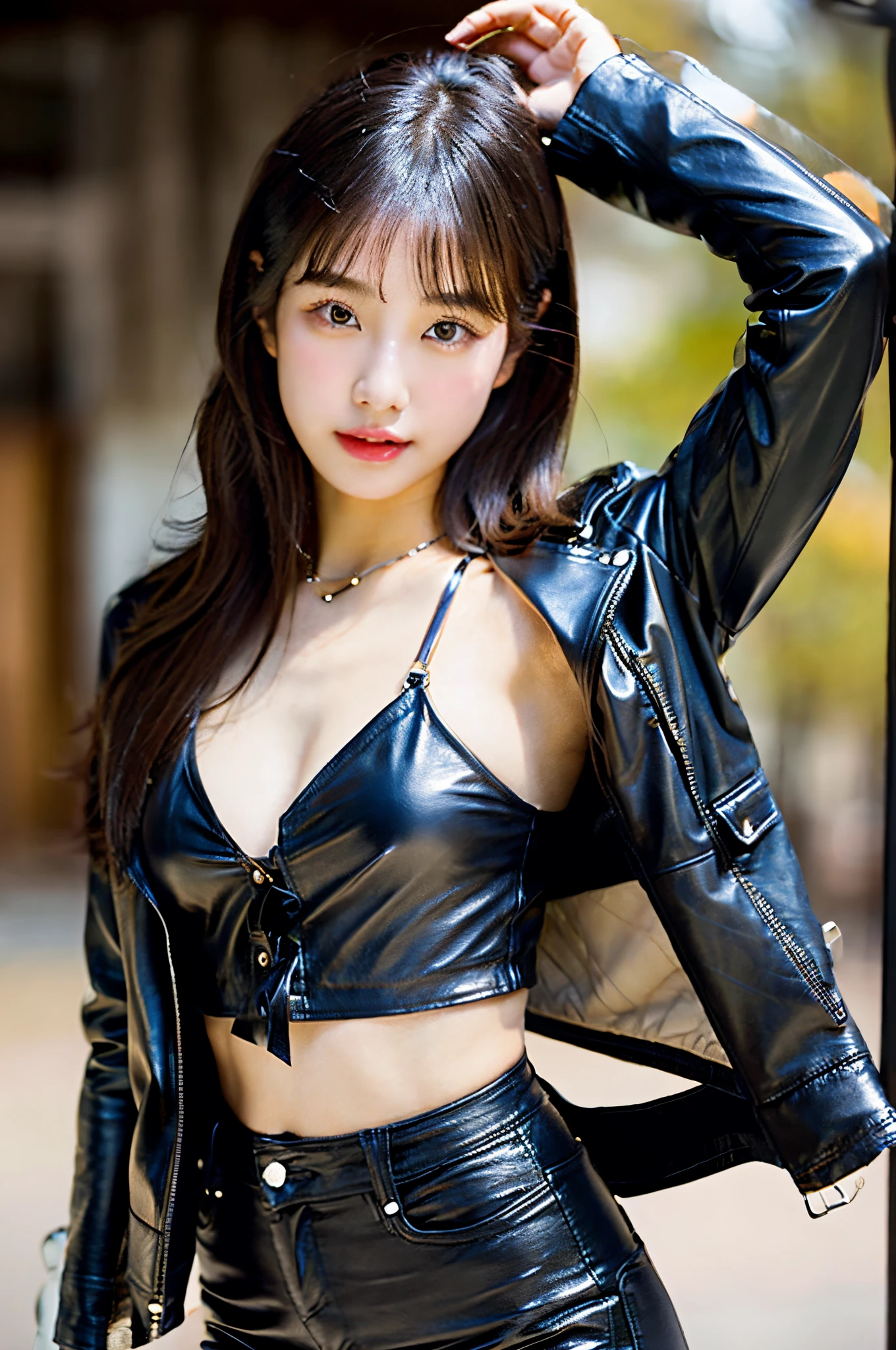 ultra-realistic, masterpiece, highly-detailed skin, 1girl, a 18 year old Korean porn star with seductive face, wearing a black leather jacket over a topless body, tight leather pants, kinky look, eyeglasses,