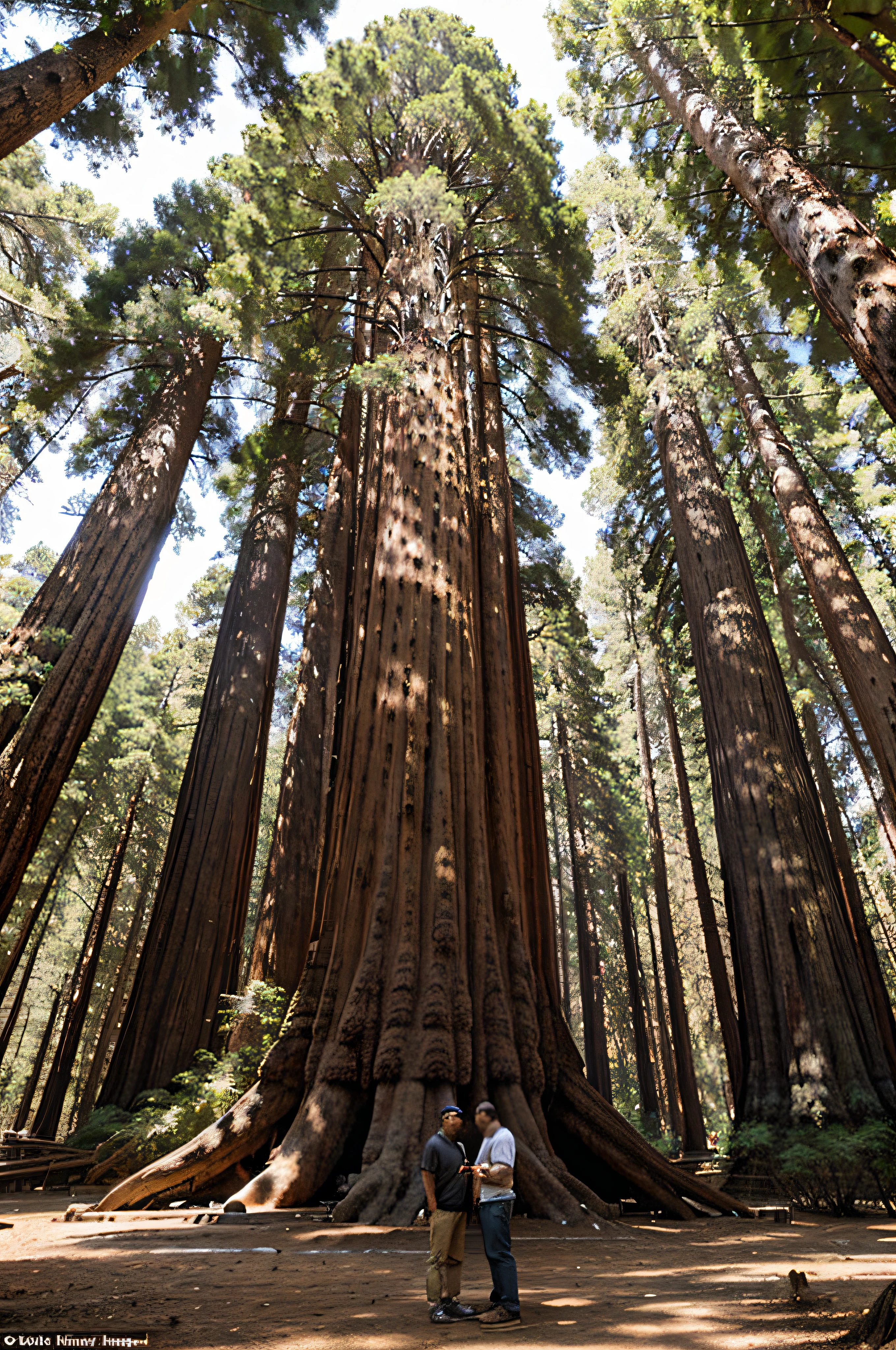 There is a man and a dog standing in front of a tree, Giant Sequoia, redwood sequoia tree, annatto, redwood tree, redwood forest, Lao Lin, huge incredibly huge trees, Tall trees, gigantic trees, giant tree, big trees, mangrove canopy, in redwood forest, gigantic trees, in redwood forest, big trees