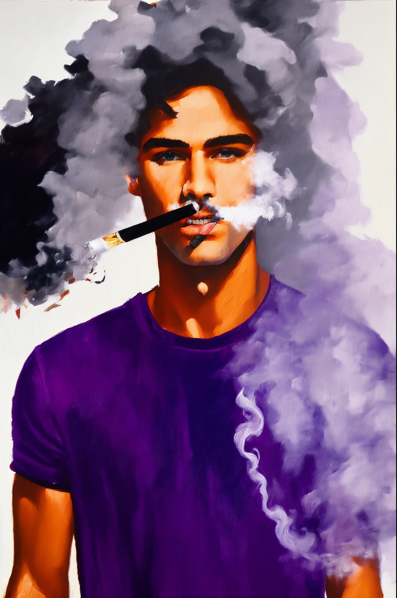male painter painting a picture black t-shirt and purple jeans I have a towel wrapped around my head Smoking cigarettes