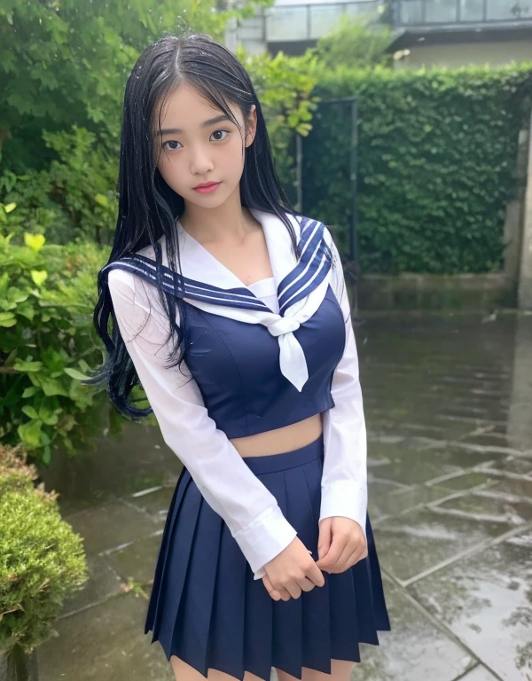 (of the highest quality, 4K, masutepiece:1.3), Pretty Woman, 1 woman, sixteen years old、(breasts, Attractive body:1.2), Abs:1.1, Dark black hair:1.1, (rainy wet, Wet in the rain, Wet torso: 1.2), Very fine face, Delicate lips, Delicate eyes, Double eyelids, Sparkling eyes, sparkling lips,hi-school girl、Wet white  blouse、Dark blue pleated skirt、Sheer underwear、a sailor suit、Dark blue high socks、lowfers