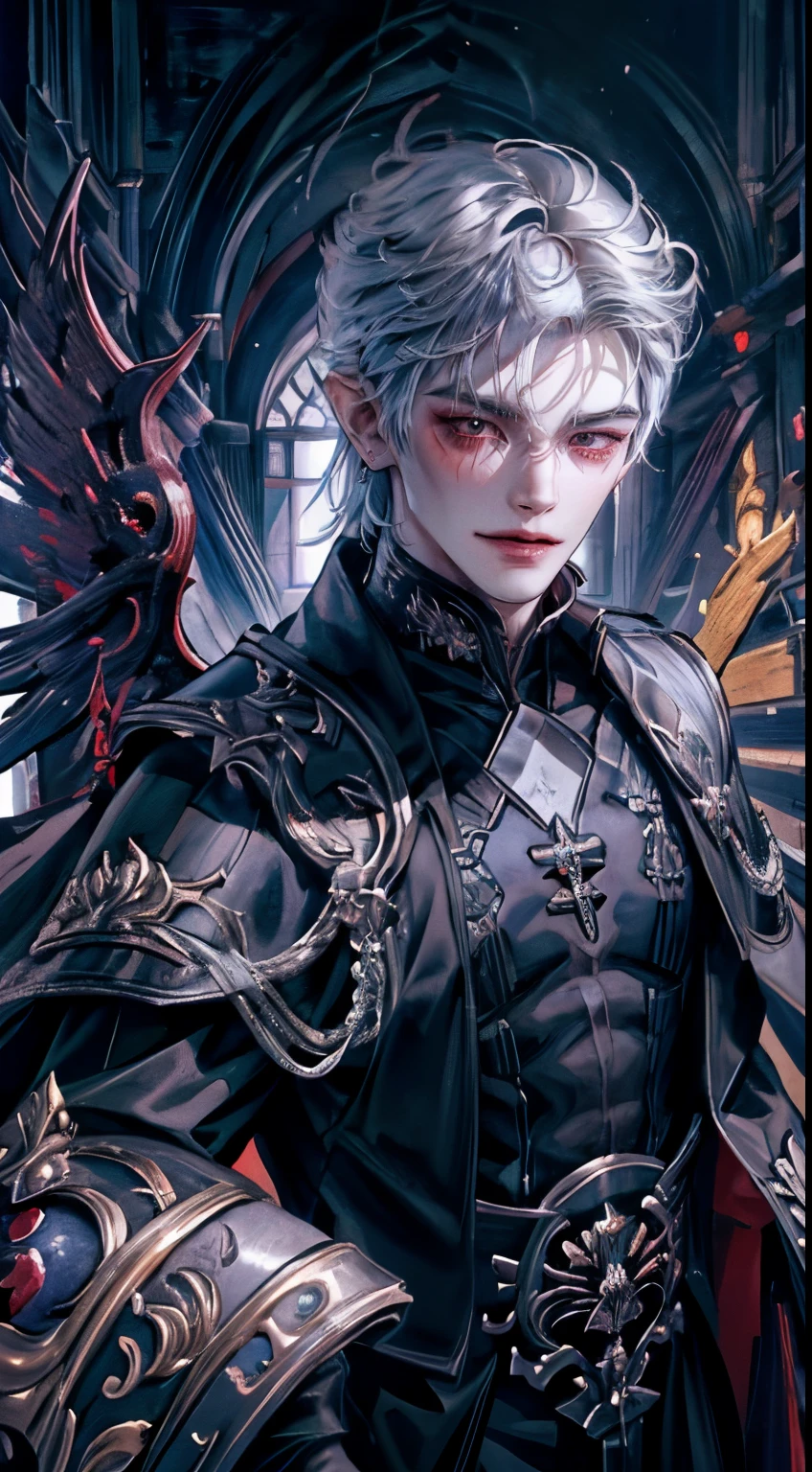 ((4K works))、​masterpiece、（top-quality)、((high-level image quality))、((One Beautiful Fallen Angel Man))、((King of Fallen Angels))、Slim body、((Vampire Black Y-Shirt Fashion))、(Detailed beautiful eyes)、((Fantastic English corridor))、Corridors in an evil English castle、((Face similar to Chaewon in Ruseraphim))、((Fallen Angel Longhair))、(((bright silver hair)))、((Smaller face))、((Neutral face))、((Evil face))、((Red Eyes))、((Korean Male))、((50 years old))、((wild boy))、((Evil look))、((angry expressions))、((Show your teeth and smile))、((Korean makeup with black eyeshadow))、((elongated and sharp eyes))、((Shot alone))、((Fallen angels))、Photos of fallen angels、Villain、Dark Proof、((shot from front))、((He is walking in front of the viewer))