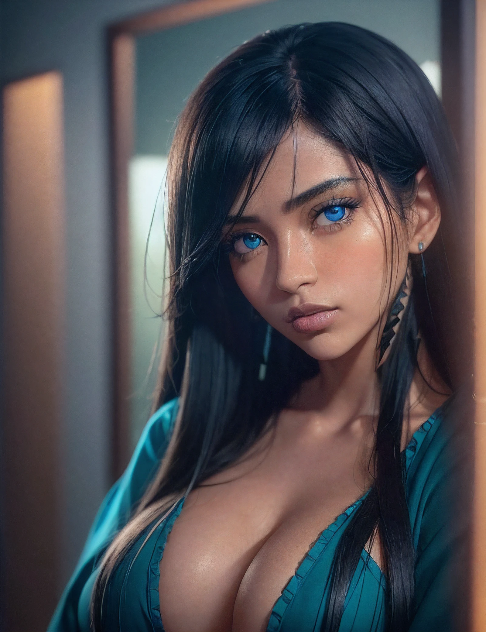 (dark shot:1.4), 80mm, gorgeous 25-year-old Mexican girl, with very big blue eyes, real breasts, very very long black hair, soft light, sharp, exposure blend, medium shot, bokeh, (hdr:1.4), high contrast, (cinematic, teal and orange:0.85), (muted colors, dim colors, soothing tones:1.3), low saturation, (hyperdetailed:1.2), (noir:0.4), (natural skin texture, hyperrealism, soft light, sharp:1.2), (intricate details:1.12), hdr, (intricate details, hyperdetailed:1.15)