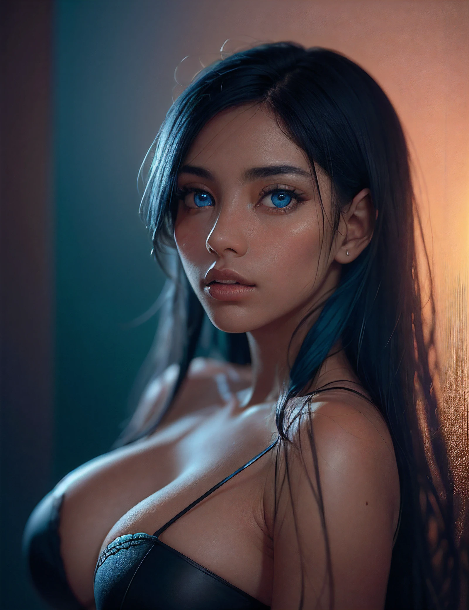 (dark shot:1.4), 80mm, gorgeous 25-year-old Mexican girl, with very big blue eyes, real breasts, very very long black hair,  soft light, sharp, exposure blend, medium shot, bokeh, (hdr:1.4), high contrast, (cinematic, teal and orange:0.85), (muted colors, dim colors, soothing tones:1.3), low saturation, (hyperdetailed:1.2), (noir:0.4), (natural skin texture, hyperrealism, soft light, sharp:1.2), (intricate details:1.12), hdr, (intricate details, hyperdetailed:1.15)