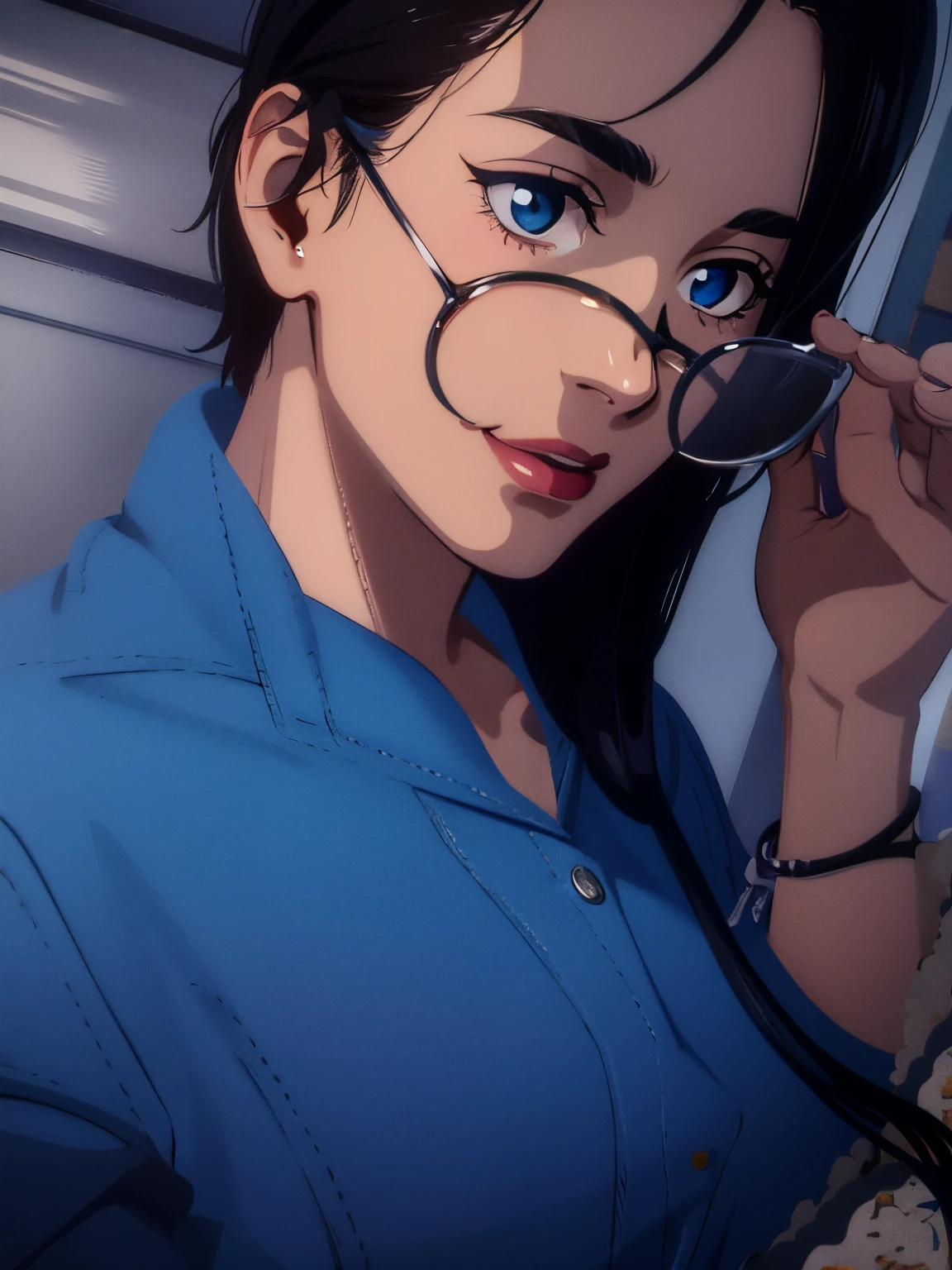 Dark blue denim, long black hair, high quality, smiling, lipstick, pretty, big breast, eyeglasses, hands on eye glasses