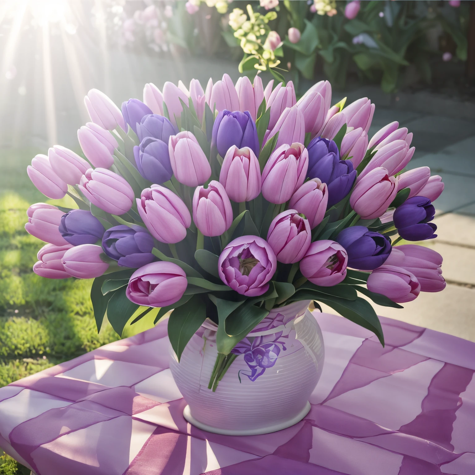 masutepiece、High quality、ultra-detailliert、8K、Pink tulips、Purple tulips、tulips、Bouquet of tulips、bouquet of pink and purple tulips、white wrapping paper、Bright sunshine、Warm light、Beautiful bouquet、anime illustrated、watercolor paiting、fleeting、Beautiful flowers、Tulip flowers、