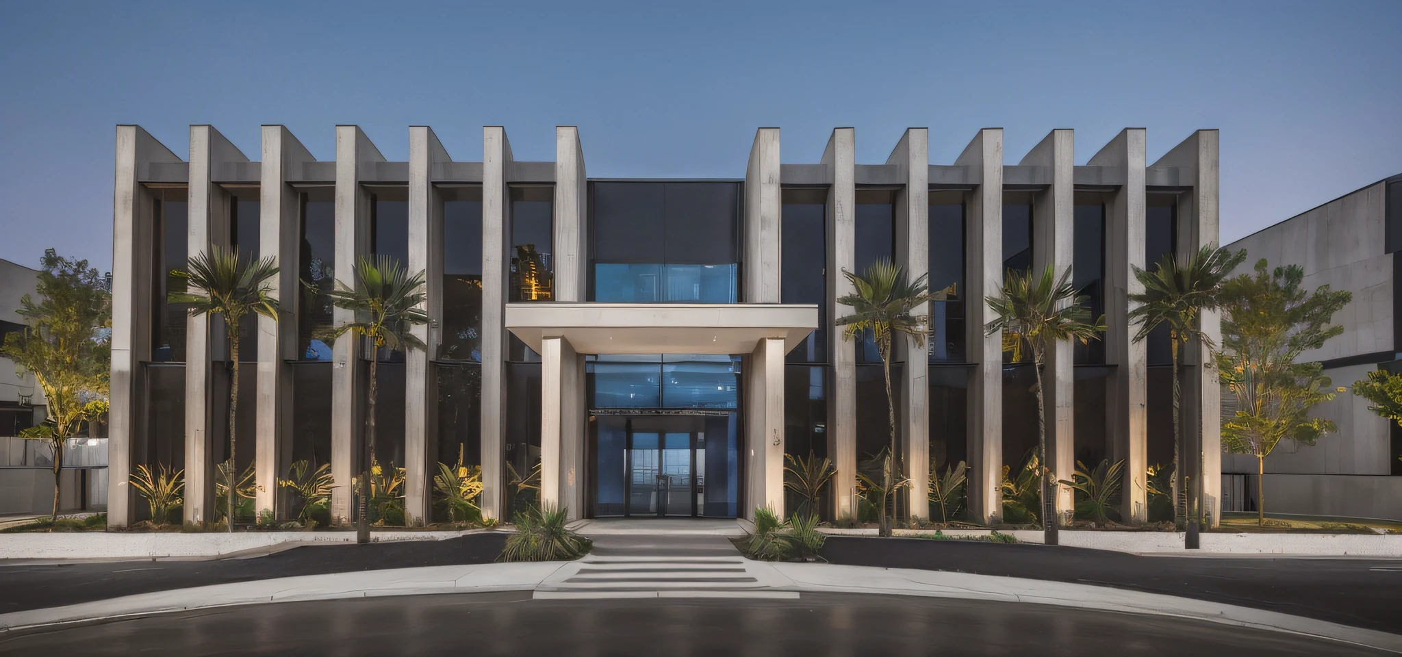 OFFICE BUILDING DESIGN WITH MODERN STYLE, LARGE BLACK GLASS DOORS, BEAUTIFUL SUNSET SKY, BEAUTIFUL LANDSCAPE, FRESH AIR, EXTERIOR LIGHTS, INTERIOR LIGHTS, RAW CONCRETE WALLS