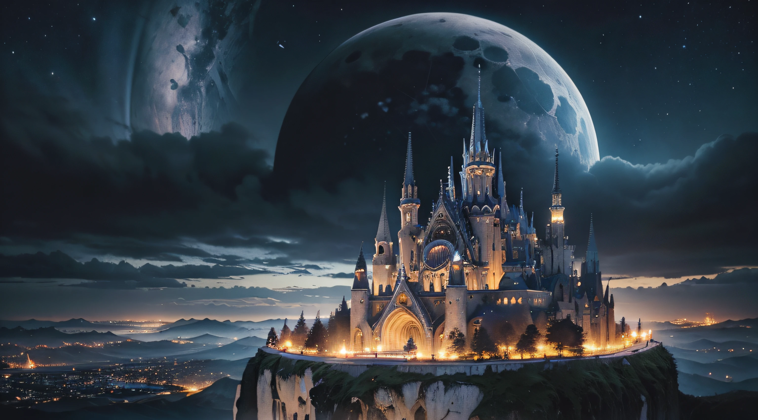 Breathtaking HDR cinematic photos、(A 16-year-old female keyboard player plays a large-scale synthesizer.)、Dark Fantasy、fantastic landscape、highly detailed landscape、illuminated by the moonlight、Alien City Sci-Fi Future、Dark art、Dystopian atmosphere、mechanical retro world、land like cappadocia、light from building windows、Inspired by strange architecture and cityscapes by Antonio Gaudi、dark sky、cloudy ash sky、grey sky、Retro analog synthesizer shape
