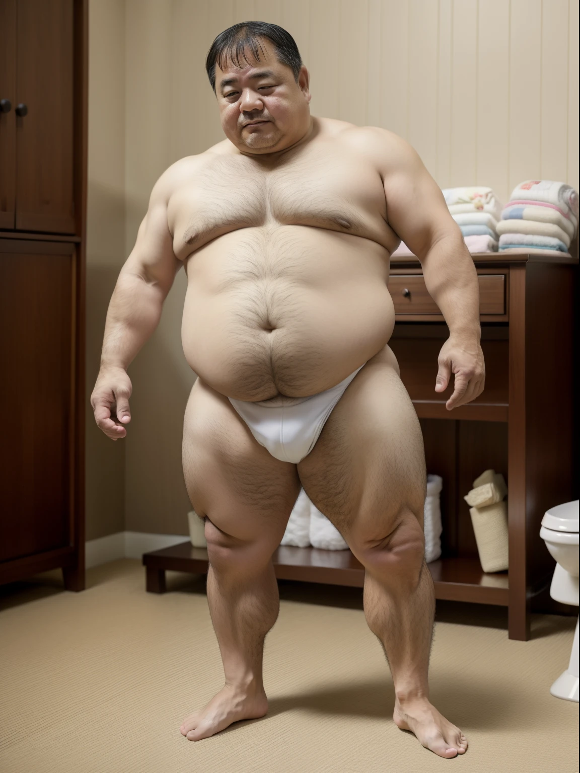 Thick Japan middle-aged man in his 50s, 1man, dwarfism, Standing look down with shrugs, hands between legs, waddle, potty training, crew cut, Wearing a white Diapers, Pampers, Thick Diaper, shirtless, Bare legs, shy, tearful, sob, Bowleg, nursery school, a picture, high detail photo, Masterpiece