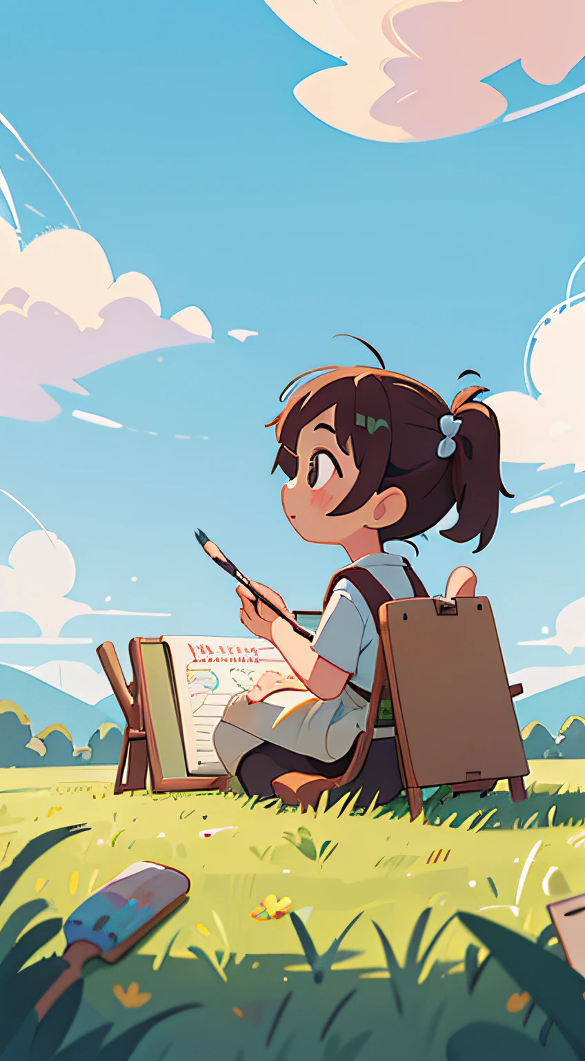 drawing on drawing board with paintbrush,Background Meadow,Skysky,Look up,Faraway view