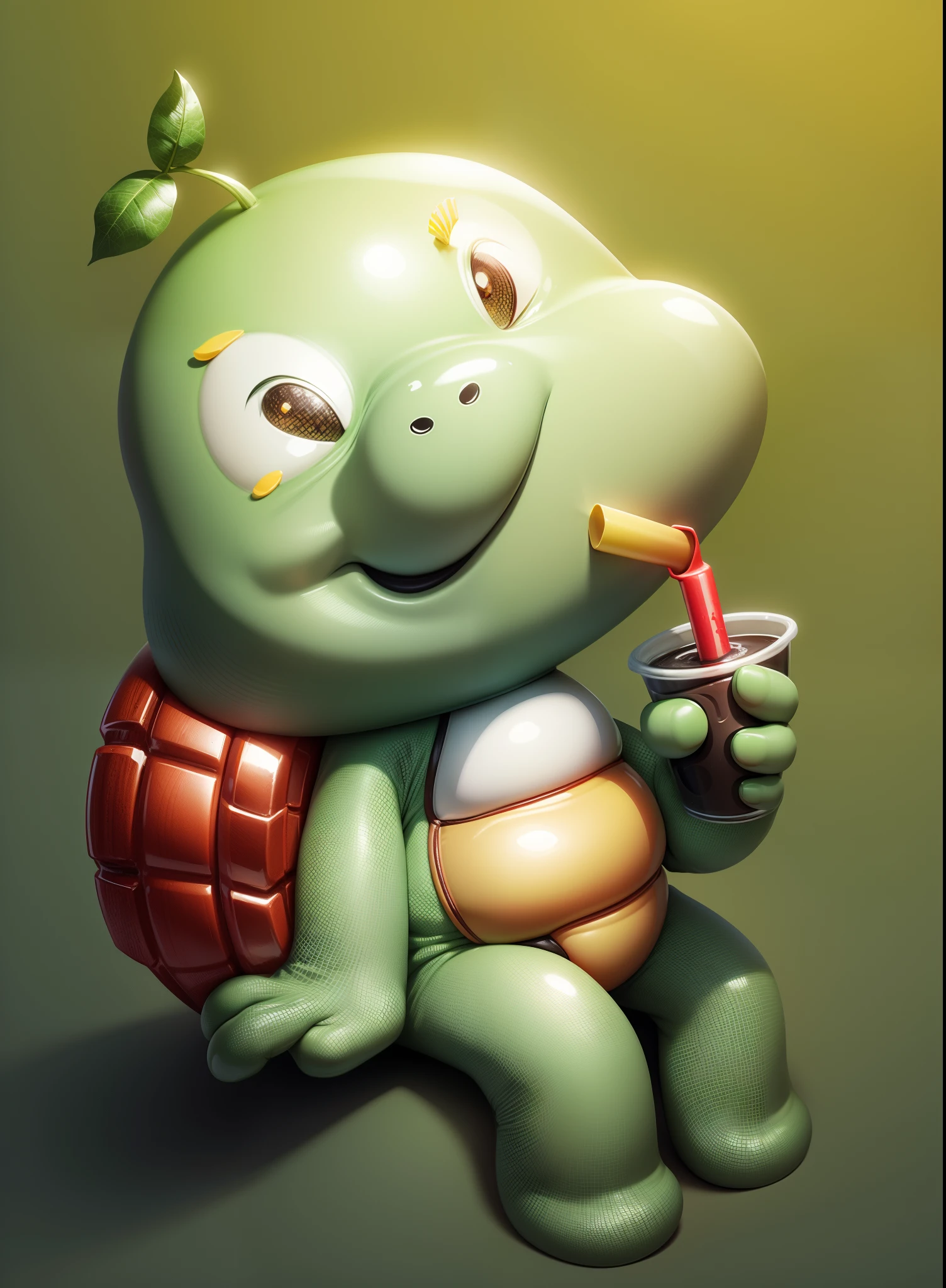 Cute cartoon,Sit Pose,Green skin,The shell is brown,Red-faced,yellow nails,Yellow belly,ssmile,Drink in left hand,drinking straw