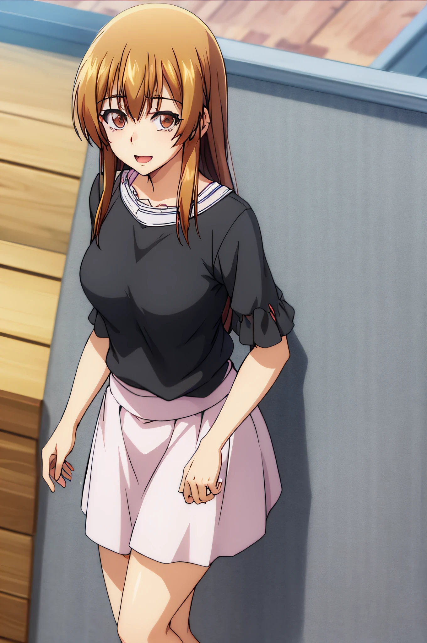 best quality, (masterpiece:1.2), highly detailed, street, 1girl, kotegawa nanaka, looking at viewer, slight smile, open mouth, brown eyes, brown hair, long hair, black shirt, elbow sleeves, pink skirt, miniskirt