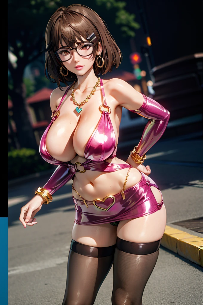 (Tukushi), 1girl, solo, (microdress), (golden), (bodycon), (miniskirt), pink latex, glasses, cleavage, navel, (face focus), (o-ring:1.2), jewelry, necklace, waist cutout, belt, golden chain, thighhighs, highheels, heart shape, looking at viewer BREAK masterpiece, best quality, parted lips, beautiful lips, makeup, eyeliner, mascara, glowing skin, mature figure, voluptuous body, shiny skin, oily skin, mature women, gigantic hanging breasts, from the front, (chromatic aberration, intricate details), dynamic angle, 40K, HDR, highres,
