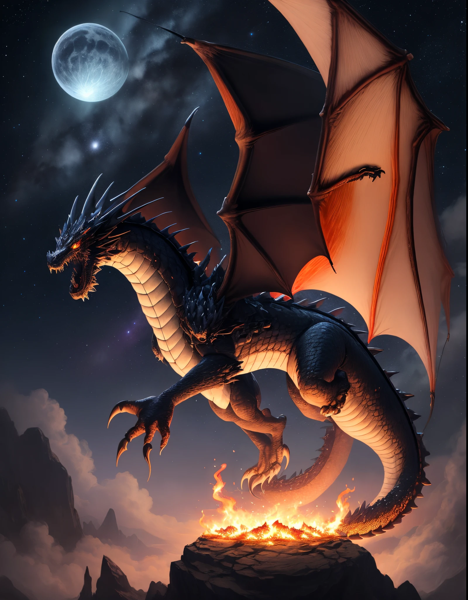 a masterful digital fantasy painting, a dark tall and gothic Gold dragon sits atop a majestic mountain peak, moonlit, night, cinematic, extremely detailed, intense lighting, epic, brush strokes, winter night