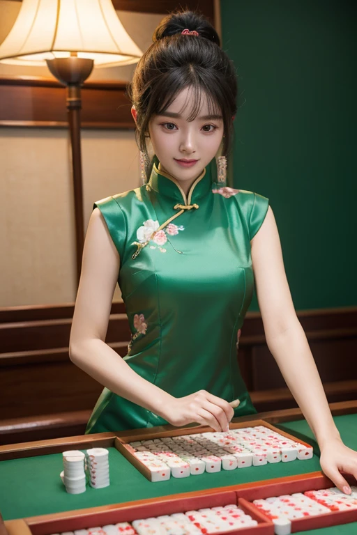 Girl playing mahjong，Mahjong table，perfect body figure，expose arms，looking at viewert，laughing heartily，Mahjong Hall，I have mahjong in my hand，quadratic element，style of anime，Scene mahjong parlor，Lee Ji-eun，Long gray hair，Ancient Chinese style，Hanfu