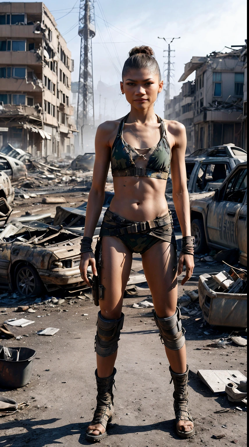 Generate an image featuring Zendaya in a post-apocalyptic setting, exuding a strong and resilient presence. Dress her in a combination of a bikini and tattered military gear, capturing the essence of survival in a destroyed area. The attire should reflect the post-apocalyptic vibe, with Zendaya standing confidently in a textured chignon hairstyle.

Place her within the remnants of a post-apocalyptic city or wasteland, creating a realistic portrayal of the aftermath. Despite the setting, maintain Zendaya's facial features, body size, and height (5'10" or 1.78 m) to ensure a faithful representation.

Emphasize the destroyed clothes, incorporating elements that resonate with a post-apocalyptic Tokyo. Capture the essence of survival, resilience, and strength in Zendaya's expression and posture. The result should be a visually impactful image that combines elements of post-apocalyptic attire with Zendaya's distinct features and a Textured Chignon hairstyle.