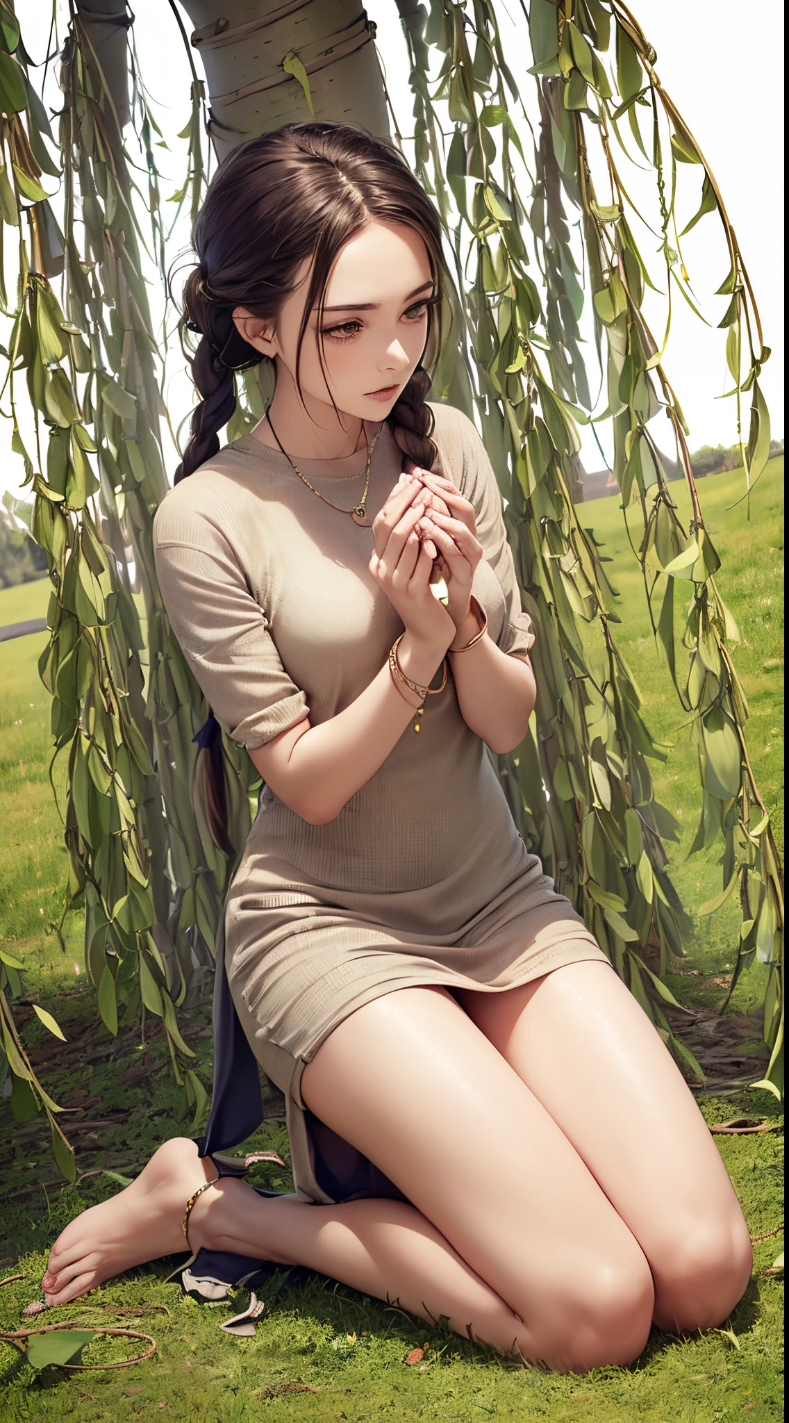 (Gender_ Female),
(age_ Unknown),
(Human race_ Human),
(Hair_ Braided),
(Skin color_ Glossy and moisturized),
(Face_ Sweet),
(Eye_ Big and bright),
(Eyebrows_ Perfectly structured),
(Expression_ Kneeling under a willow tree:1.4),
(Clothes_ Unknown),
(Clothing color_ Unknown),
(jewelry_ None mentioned),
(action_ Kneeling),
(Items in hand_ None mentioned).