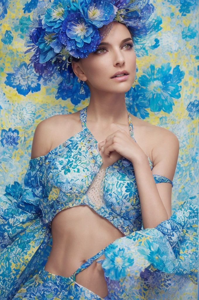 pointilism dance performance with flowers, dancing sensually in a blue lush floral ball butter sculpture environment, highly colored, Kodak color, posteresque, circular composition, studio photography, highly colored, stunning, patterned photography by andreas gusrki, surreal portrait photography for the haute couture awards with flowers around (sharp focus on eyes) (skin texture:1.2)