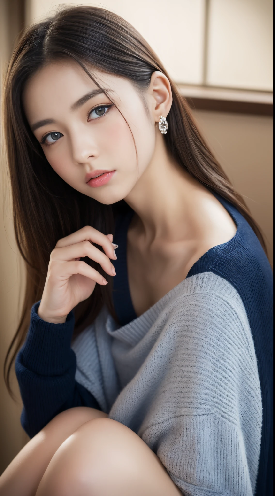 (((32K,very high res, high detailing, highly accurate,Masterpiece Girl 1))),Raw photo & realistic atmosphere,beautiful dark blue eyes,Detailed mouth,Glossy lips,Detailed eyebrows,Soft white skin that shines with every detail,,Eyes drawn in detail、Very beautiful eyes with azure eyes,Detailed lips、Very beautiful face,Very well-formed face、Lifelike face,shiny beautiful lips,Beautiful eyebrows,Infinite reality,Best design,（Insanely cute Japan 16-year-old girl,Healthy style,Beautifully shaped breasts,Very cute beautiful girl,Little Girl：1.5）,Best Natural Makeup,Japanese ido,Korean Idols,Young sensual idol,Moist eyes,Beautiful butt,beauty legs,,camel's foot,If the fingers are５Boken,Detailed elongated legs：1.3),超A high resolution、,Natural and realistic face,,Pure eyes are too cute,(((photorealisim))),Reality Live Action,（Fashionable earrings,,a necklace,A bracelet,gyuru,Glossy nail art：1.6）,（navy blue v-neck cotton sweater、Denim skirt,Gentle 16 year old high school girl loli girl,light brown hair,short-cut,独奏,Natural makeup close to no makeup：1.7）（the camera is below,Photograph the upper body, Approach photographers、To the photographer who forcibly kisses,Pampering,Eyes close reliably,Young cute beautiful face,Spoiled 16 year old schoolgirl loli girl,Horse riding,：1.8）,Pitch black room,Dim light of the upper body