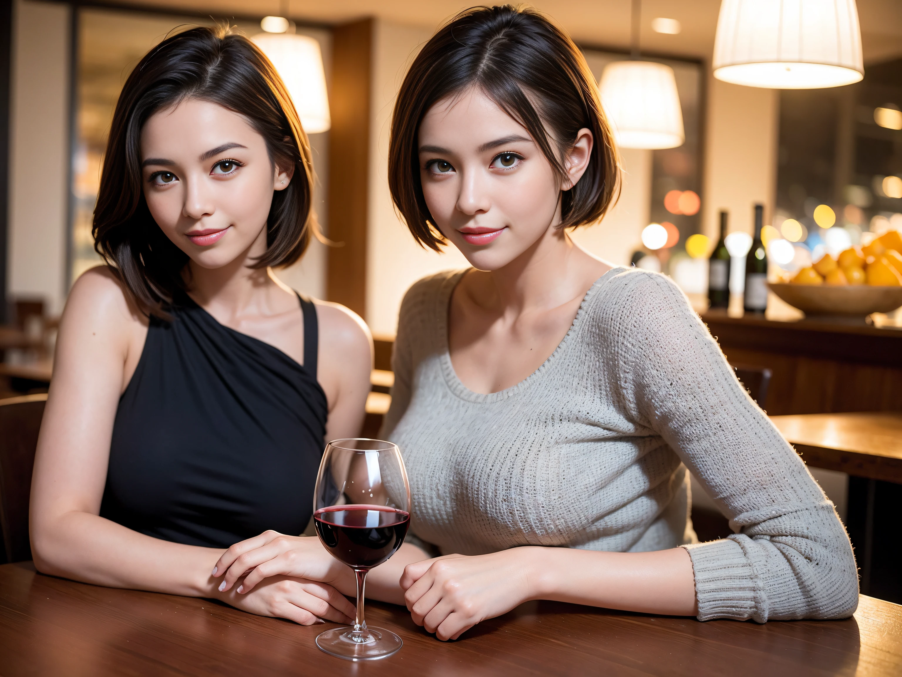 (64K, UHD, top quality, masterpiece: 1.2), (realistic, photorealistic: 1.37), super detailed, pretty woman 1 person, (slim face), (slim body), (brown hair), (short cut), cheeks slightly blushing, (44 years old), 38 years old, solo, beautiful detailed urban night view outside the window, restaurant, wine glasses sit, at night, in a prominent placeNovaFrogStyle, Actress, Model, Waist Up, White Wine, Slim, Wine Glass, Super Clean Night View, Wine Glass Put in the Middle, Happy Smile, (Smile: 1.15), Beautiful Fine Eyes, Upper Body, Bust Japan Up, Night, Short, Short, Actress, Model, Waist Up, White Wine, Slim, Wine Glass, Super Clean Night View, Wine Glass Put in the Middle, Happy Smile,