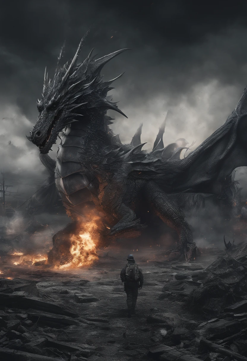 Dark dragon of geographical data in the style of detailed hyperrealism photography、Spit flame